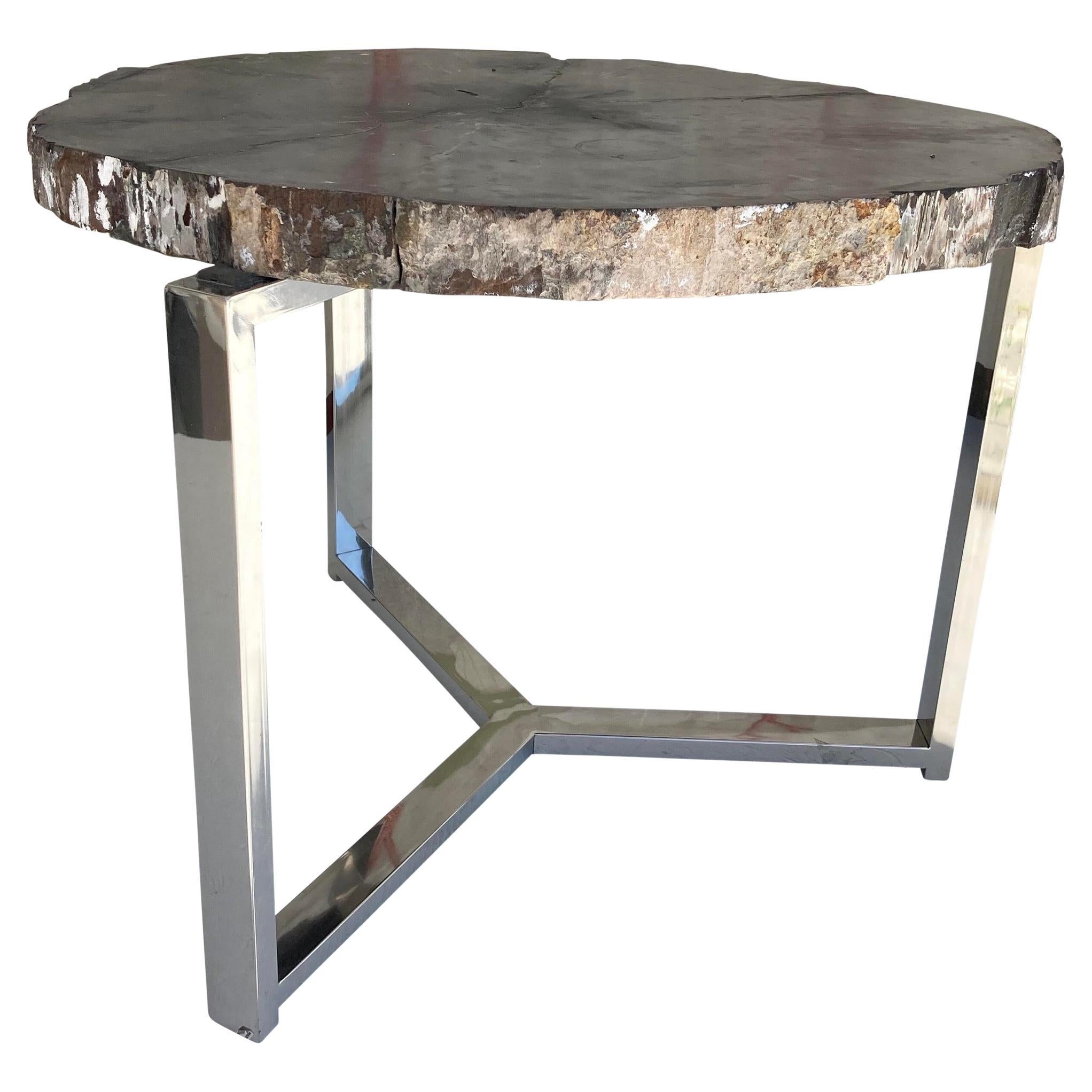 Petrified Wood Side Table With Chrome Base For Sale