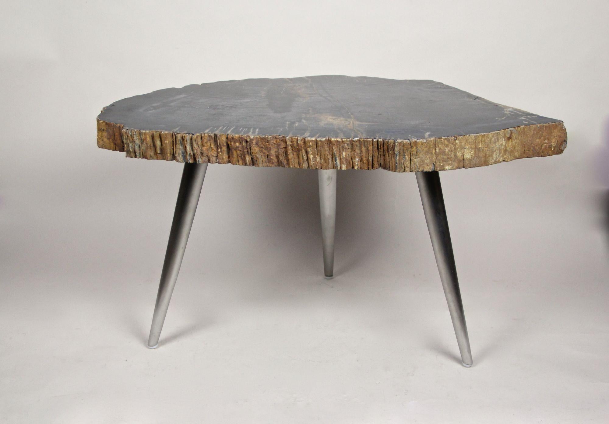 Beistelltisch aus versteinertem Holz mit Edelstahlfüßen, organisch-modern, IDN 2021 (Indonesisch) im Angebot