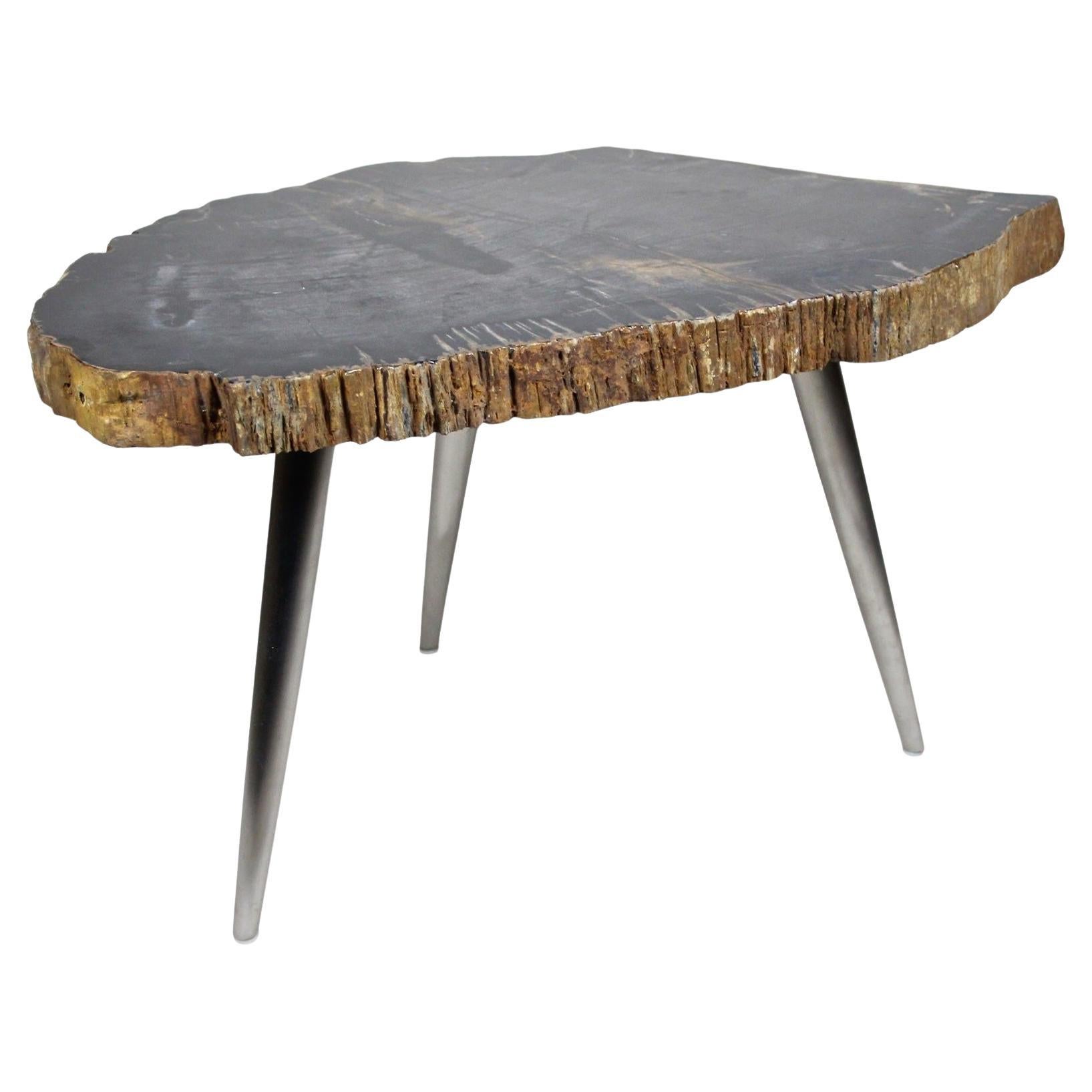 Tavolino in legno pietrificato con piedini in acciaio inossidabile, Organic Modern, IDN 2021