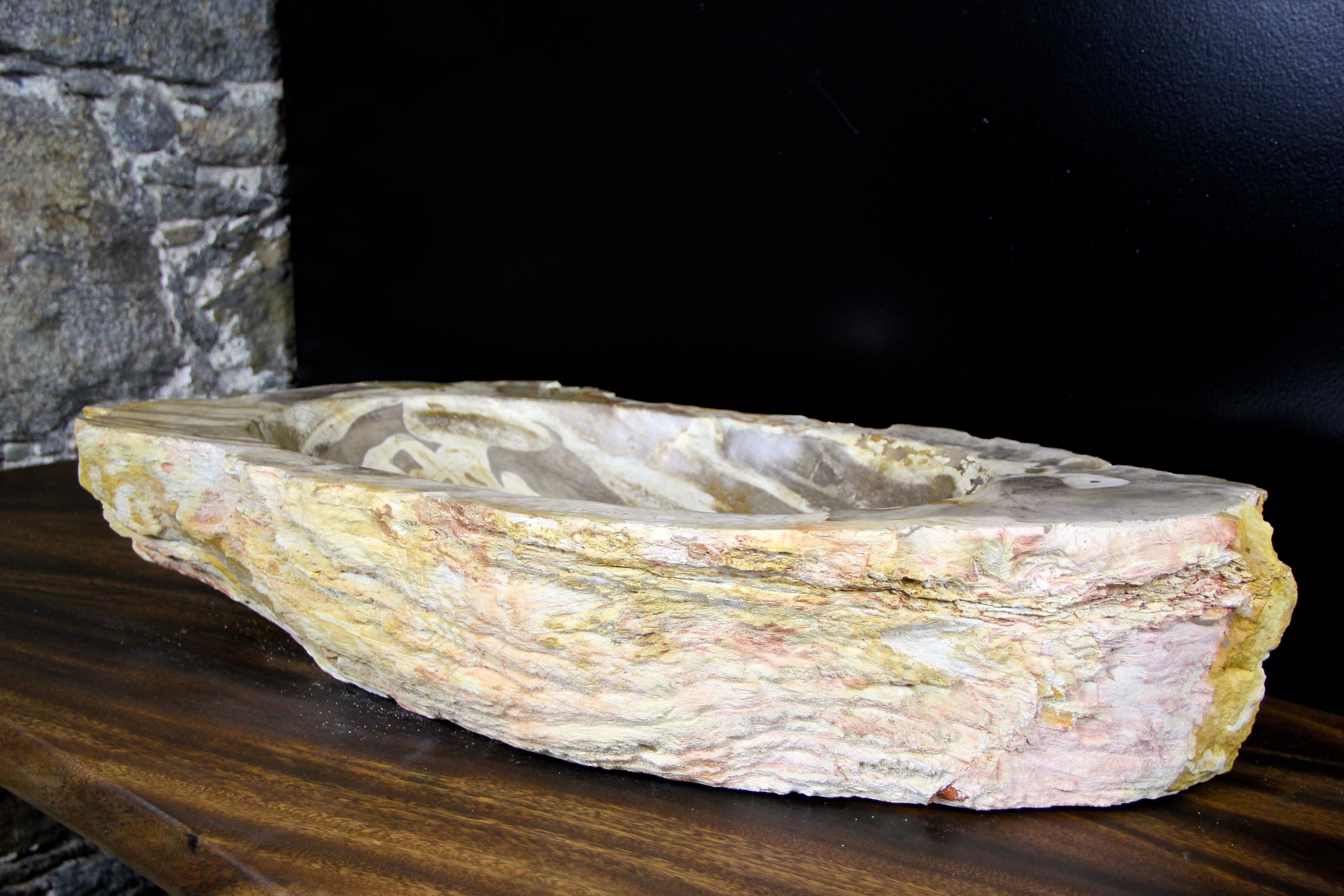 Unique petrified wood sink in absolute top quality. This elongated sink impresses with a beautiful shape and has been polished on the inside while the outside shows the still original fossil tree look colored in gorgeous beige, grey and red tones.