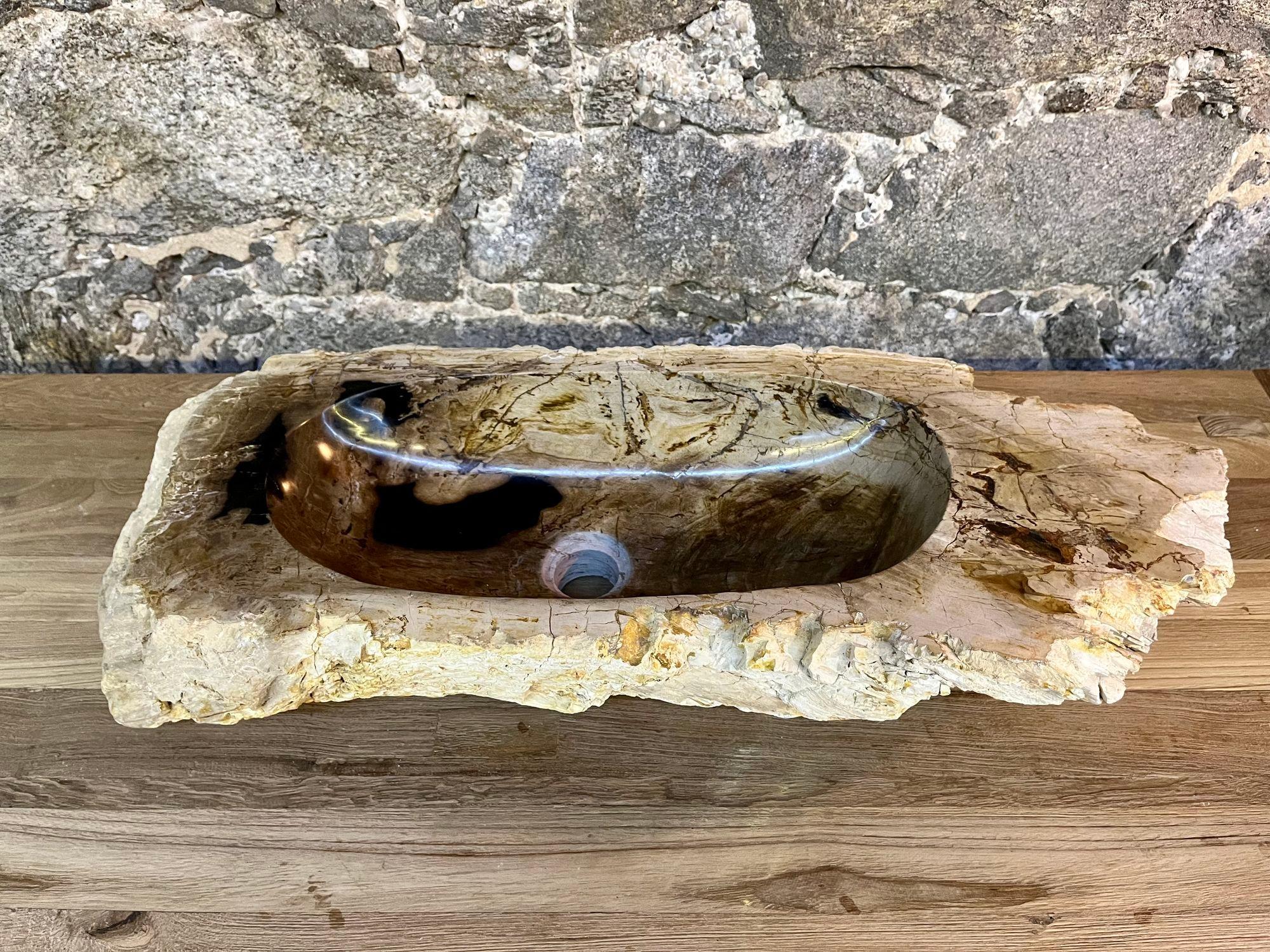 Amazing looking petrified wood sink in absolute top quality. This impressive single sink comes with a unique slim shape and charming natural coloration in beige, brown, grey and light yellow tones. The inside of the sink shows a polished surface
