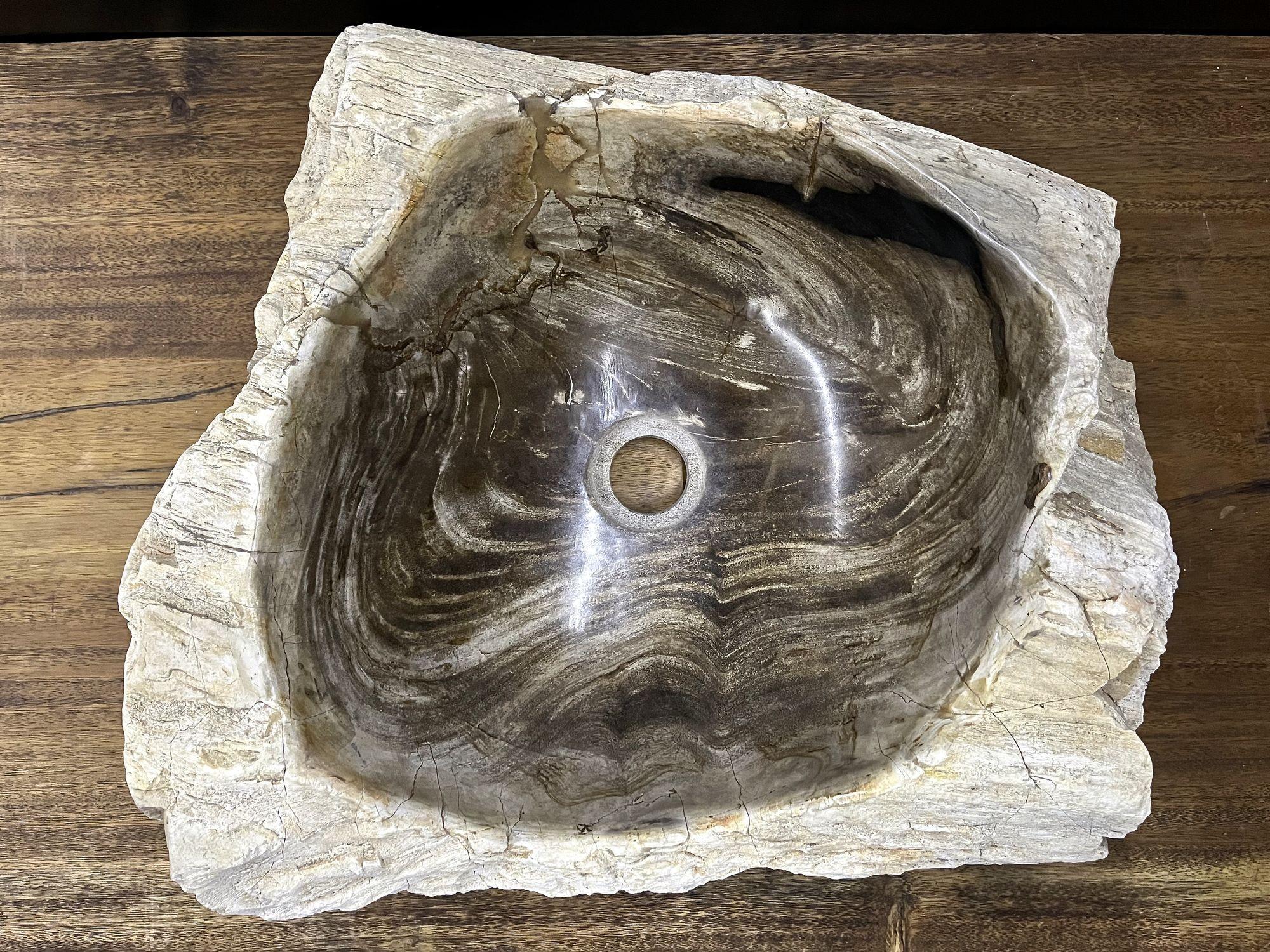 Exceptional Petrified Wood Sink in absolute top quality. This one of a kind, organic modern sink impresses with its extraordinary shape and fantastic patterns in different beautiful brown, grey and beige tones. The inside of the sink comes with a