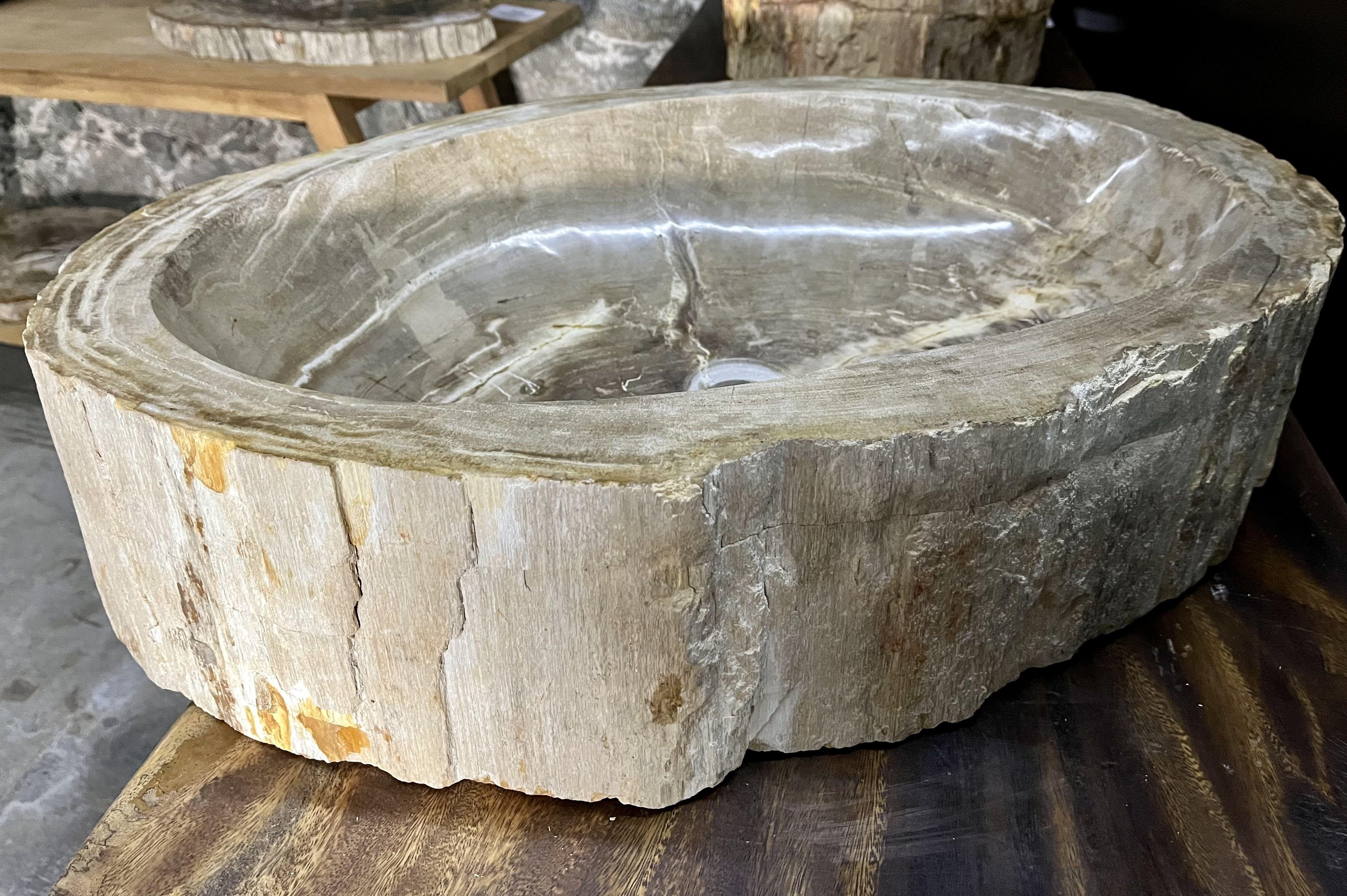 Exceptional petrified wood sink in absolute top quality. This organic modern sink impresses with a beautiful oval shape and a fantastic natural coloration in beige, brown and grey tones which are incomparable. The inside of the sink shows a polished