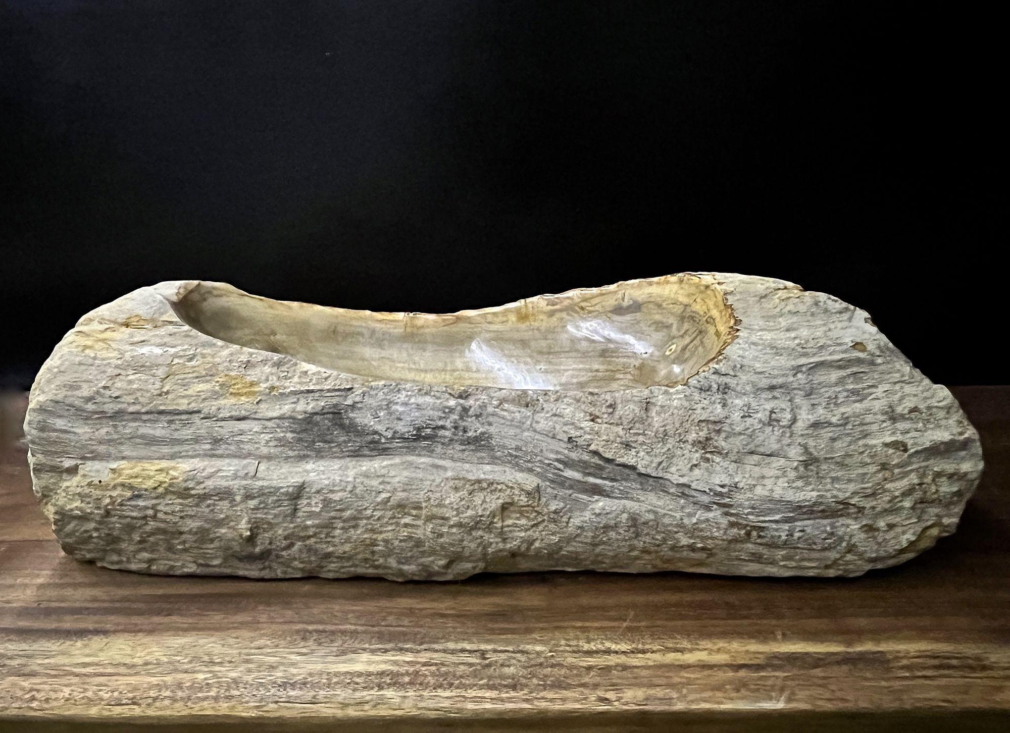 One of a kind petrified wood sink in absolute top quality. This organic modern sink comes with an outstanding natural coloration in beautiful grey, beige and brown tones which are incomparable. The inside of this fantastic shaped, contemporary sink