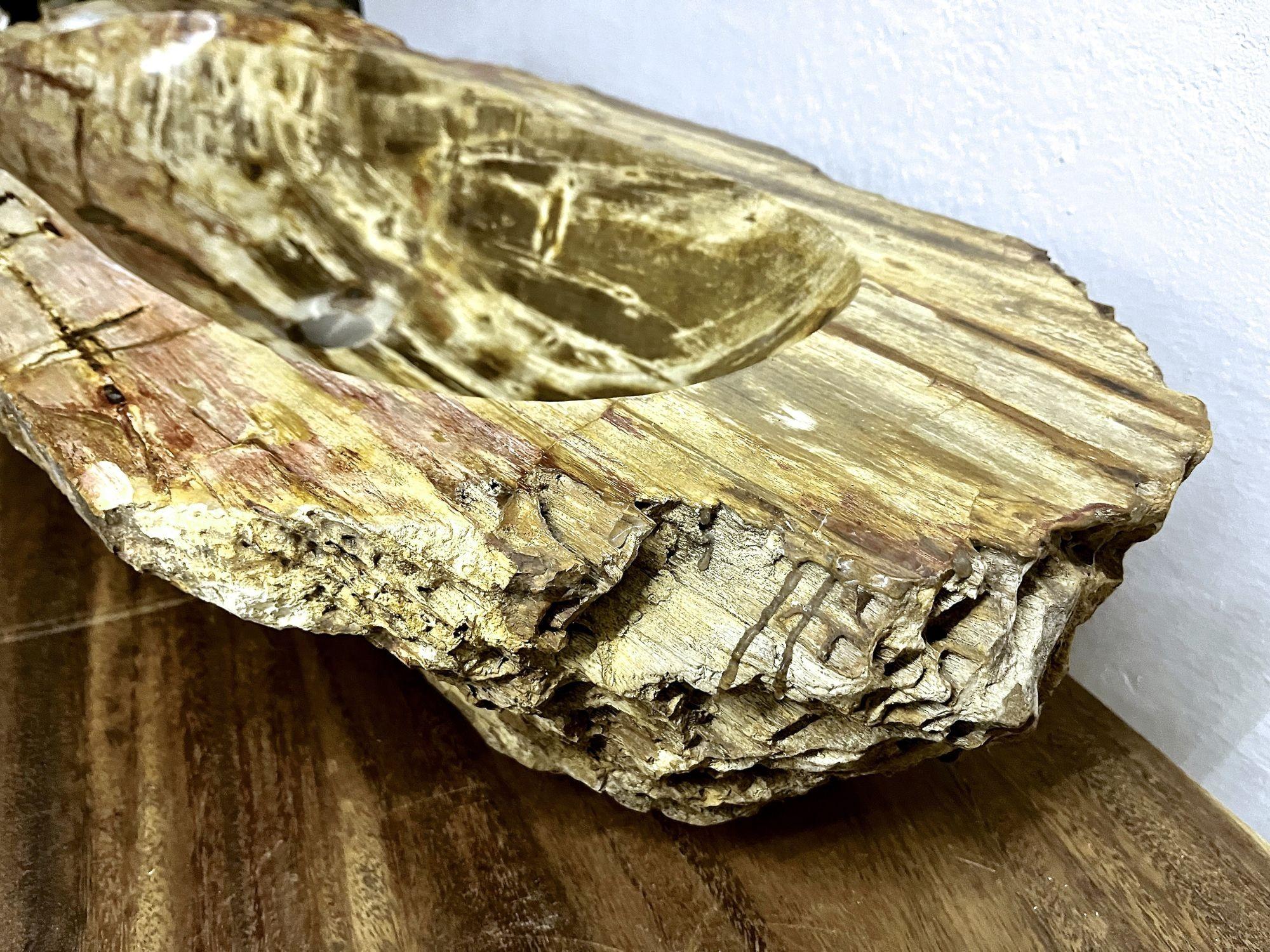 Outstanding large petrified wood sink in absolute top quality with polished basin. The unique natural built pattern with an exceptional coloration in beige, brown and pink tones is absolutely matchless. A one of a kind piece elaborately worked out