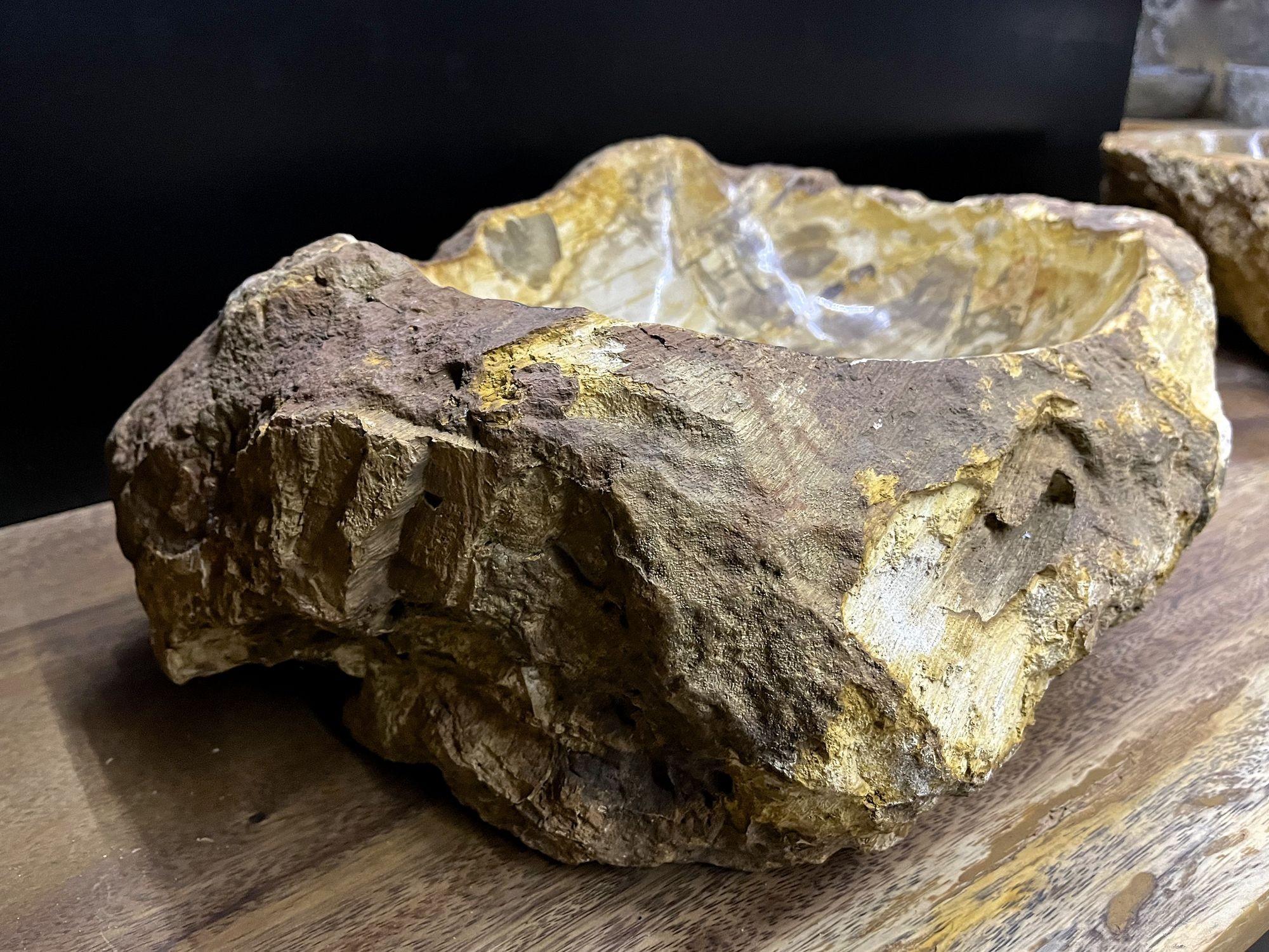 Petrified Wood Sink with Brown/ Beige/ Yellow Tones Polished, Top Quality In Excellent Condition For Sale In Lichtenberg, AT
