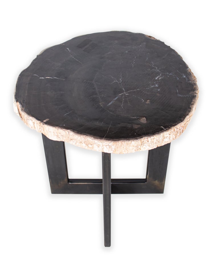 Organic Modern Petrified Wood Slice Side Table on Cross Iron Base