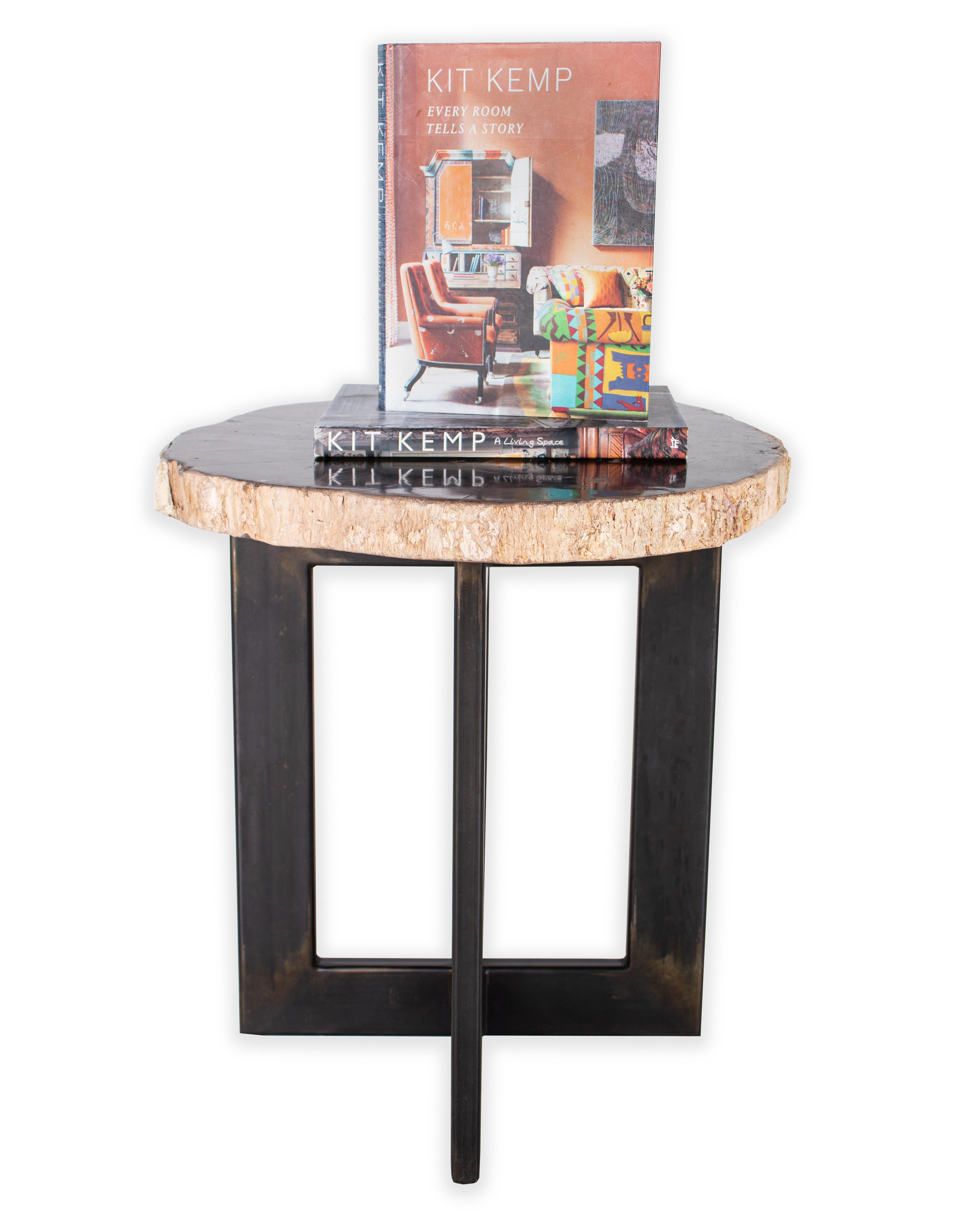 Petrified Wood Slice Side Table on Cross Iron Base In Good Condition In Dallas, TX