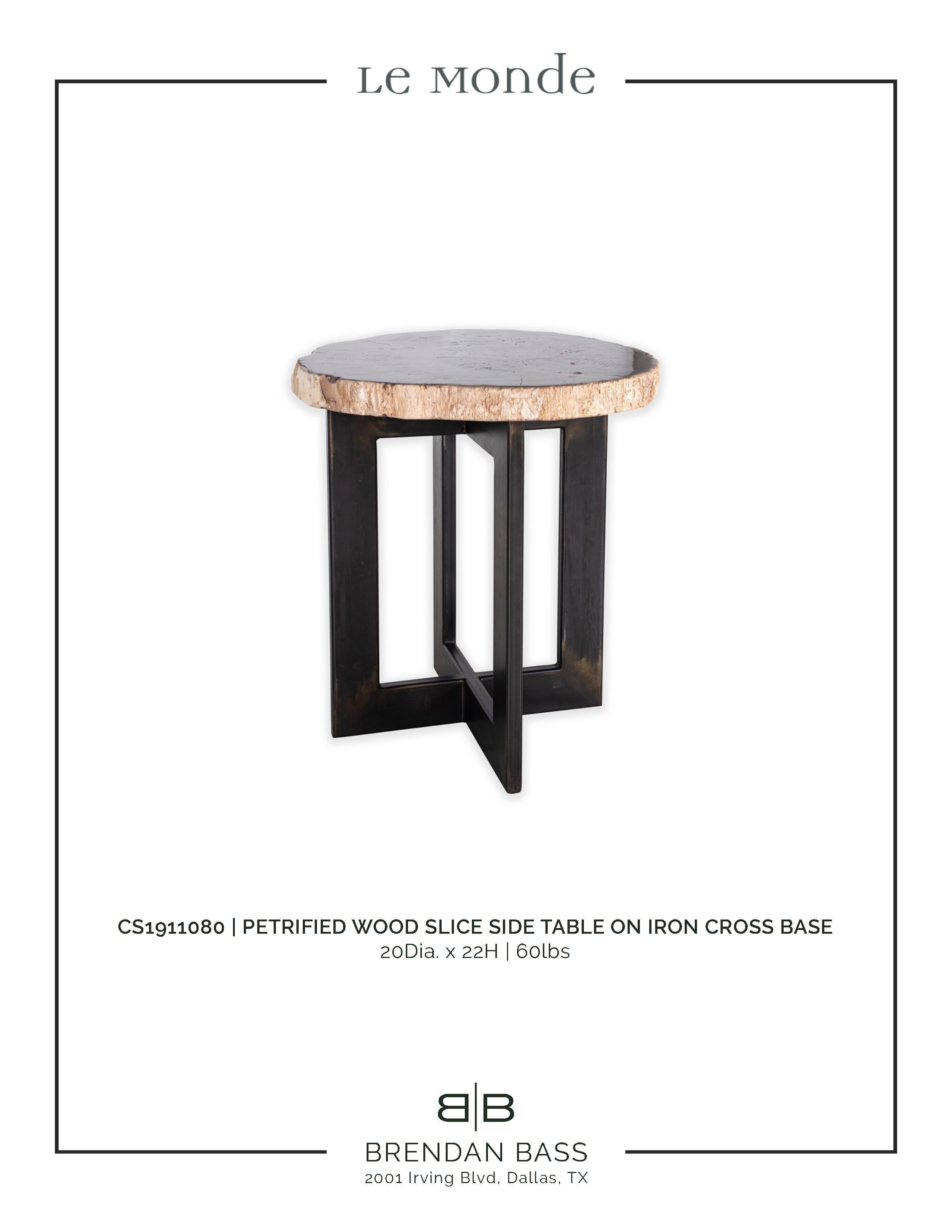 Contemporary Petrified Wood Slice Side Table on Cross Iron Base