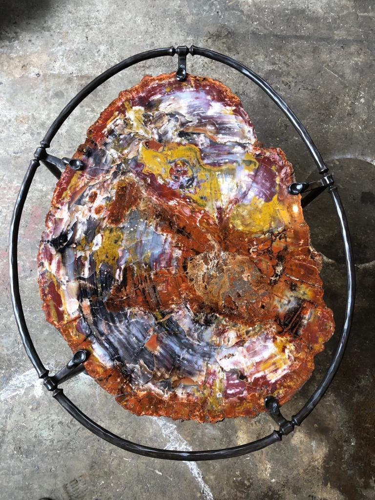 Metalwork Petrified Wood Table by Romain Barré For Sale