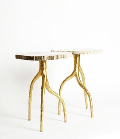 Earth Side Table With Petrified Wood Top and Bronze Base by Elan Atelier