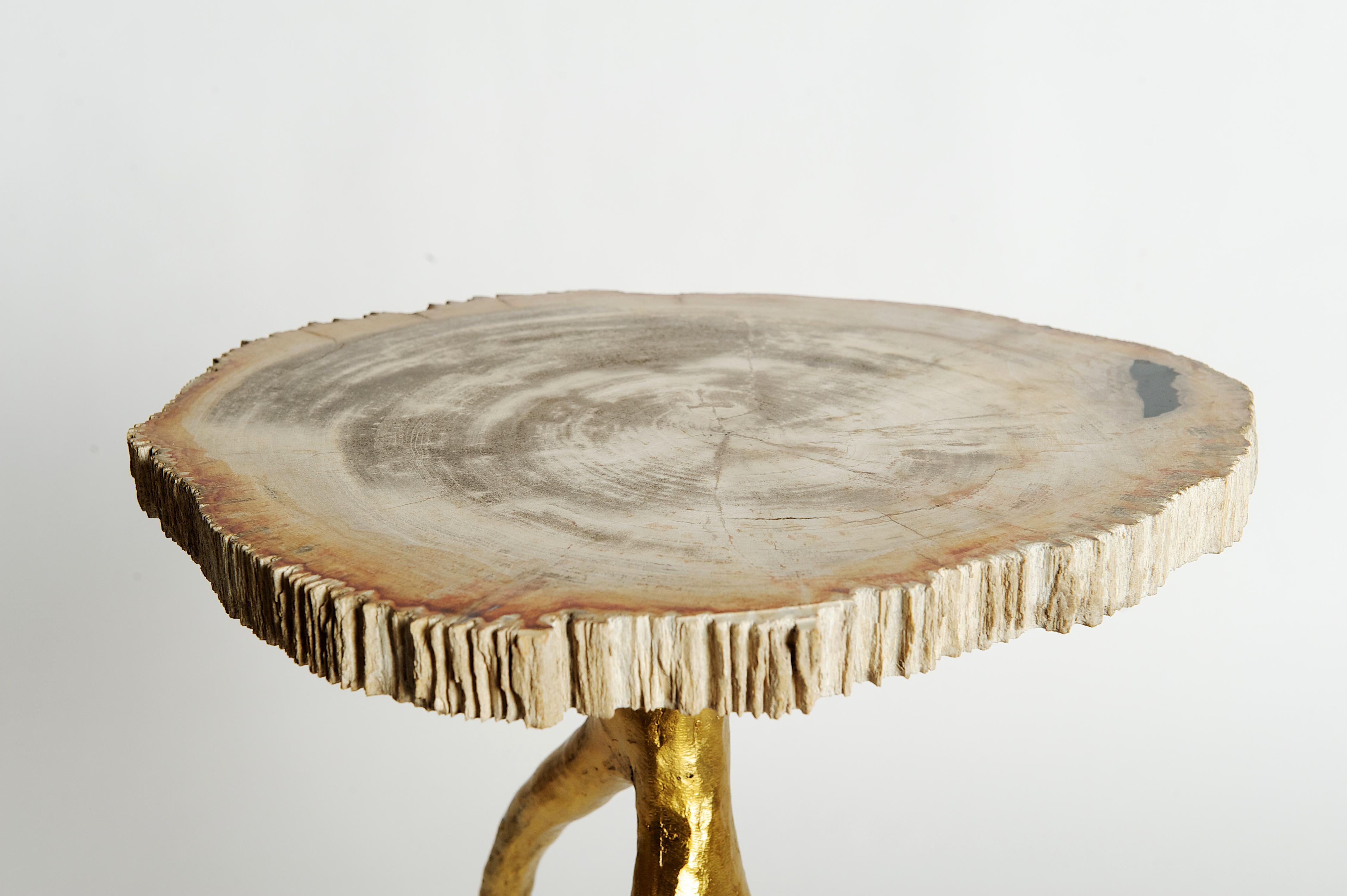 Modern Earth Side Table With Petrified Wood Top and Bronze Base by Elan Atelier For Sale