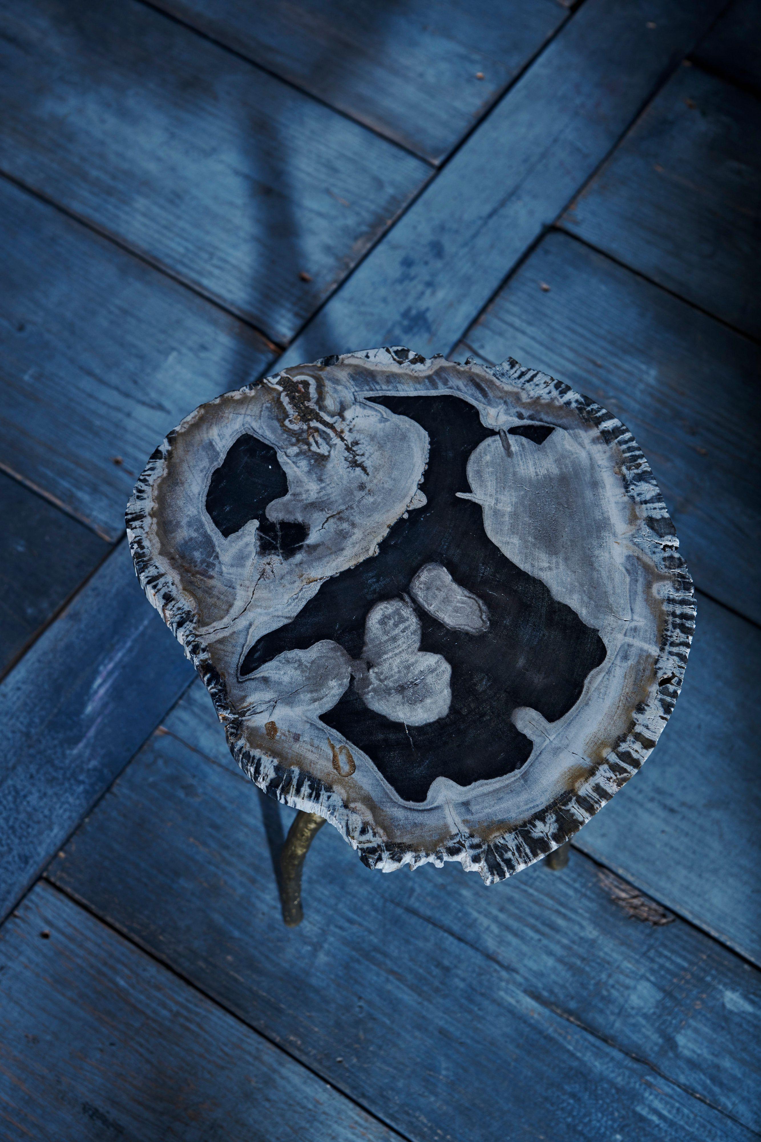 Earth Side Table With Petrified Wood Top and Bronze Base by Elan Atelier In New Condition For Sale In New York, NY