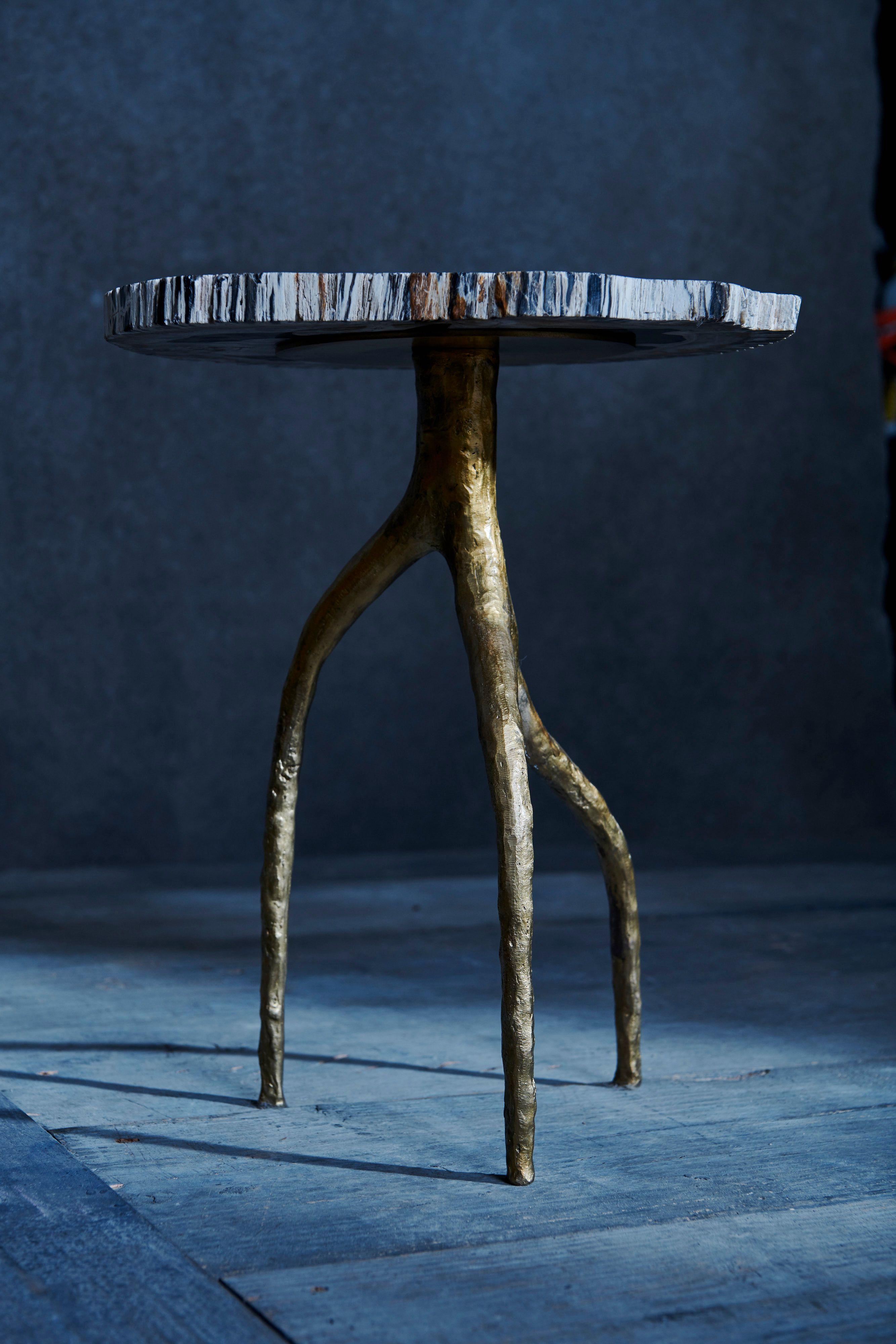 Contemporary Earth Side Table With Petrified Wood Top and Bronze Base by Elan Atelier For Sale