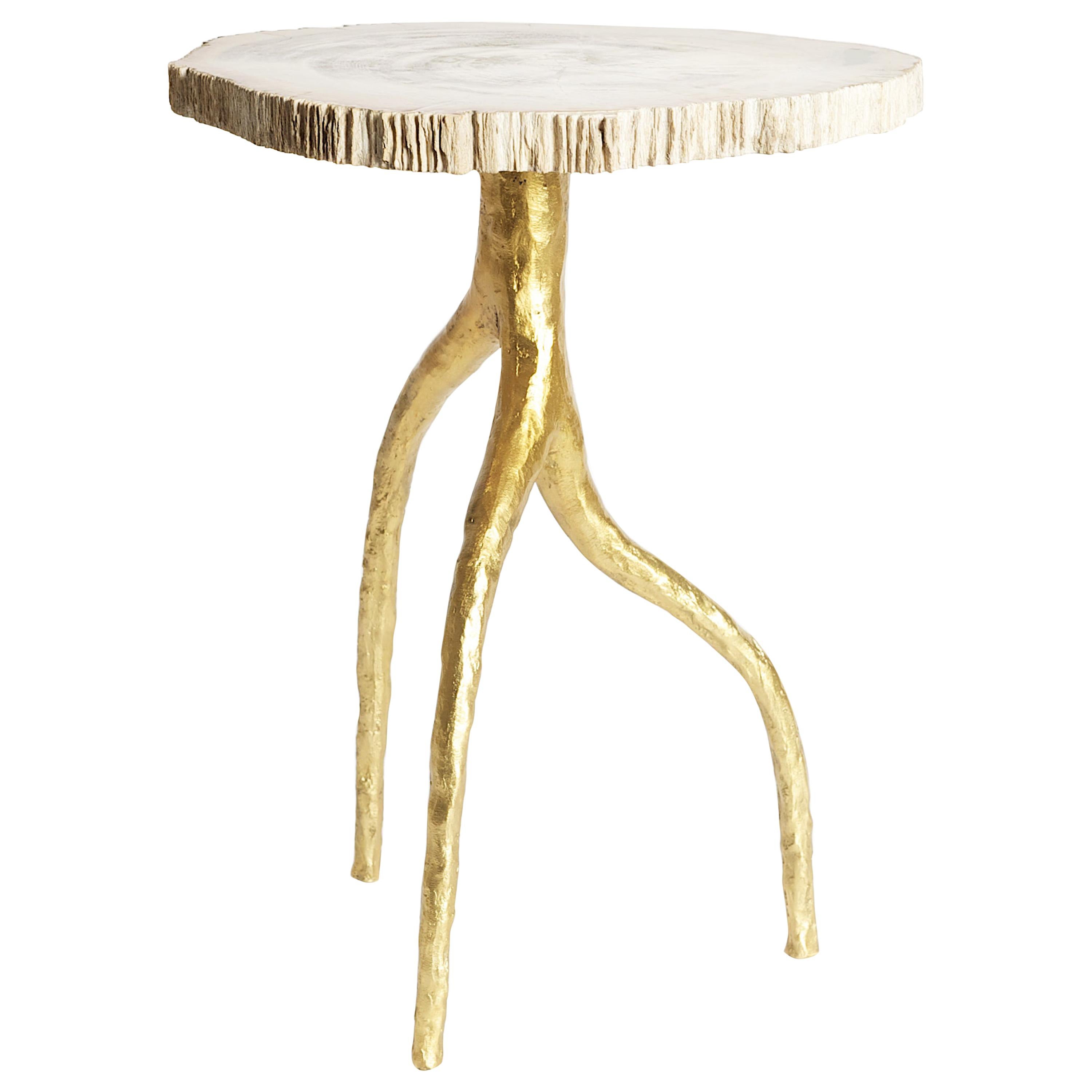 Earth Side Table With Petrified Wood Top and Bronze Base by Elan Atelier For Sale
