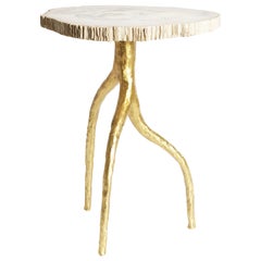 Earth Side Table With Petrified Wood Top and Bronze Base by Elan Atelier