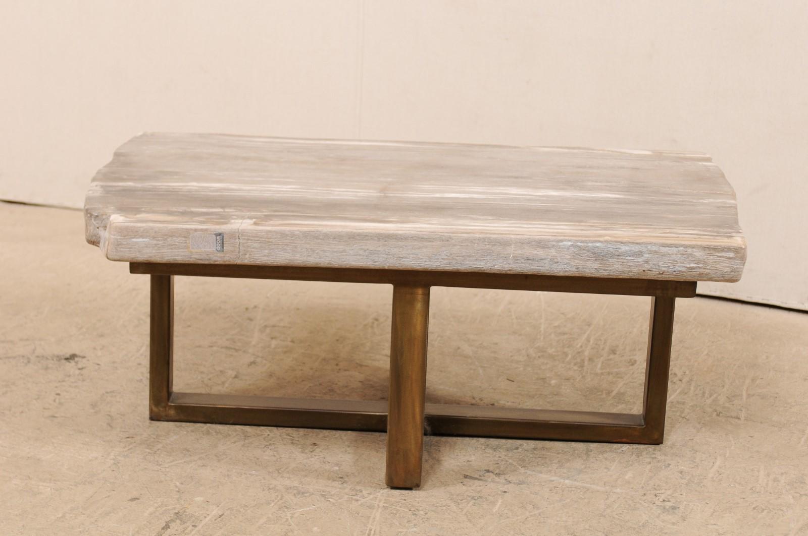 Poli Table basse à plateau en bois pétrifié avec base en métal de style moderne en vente