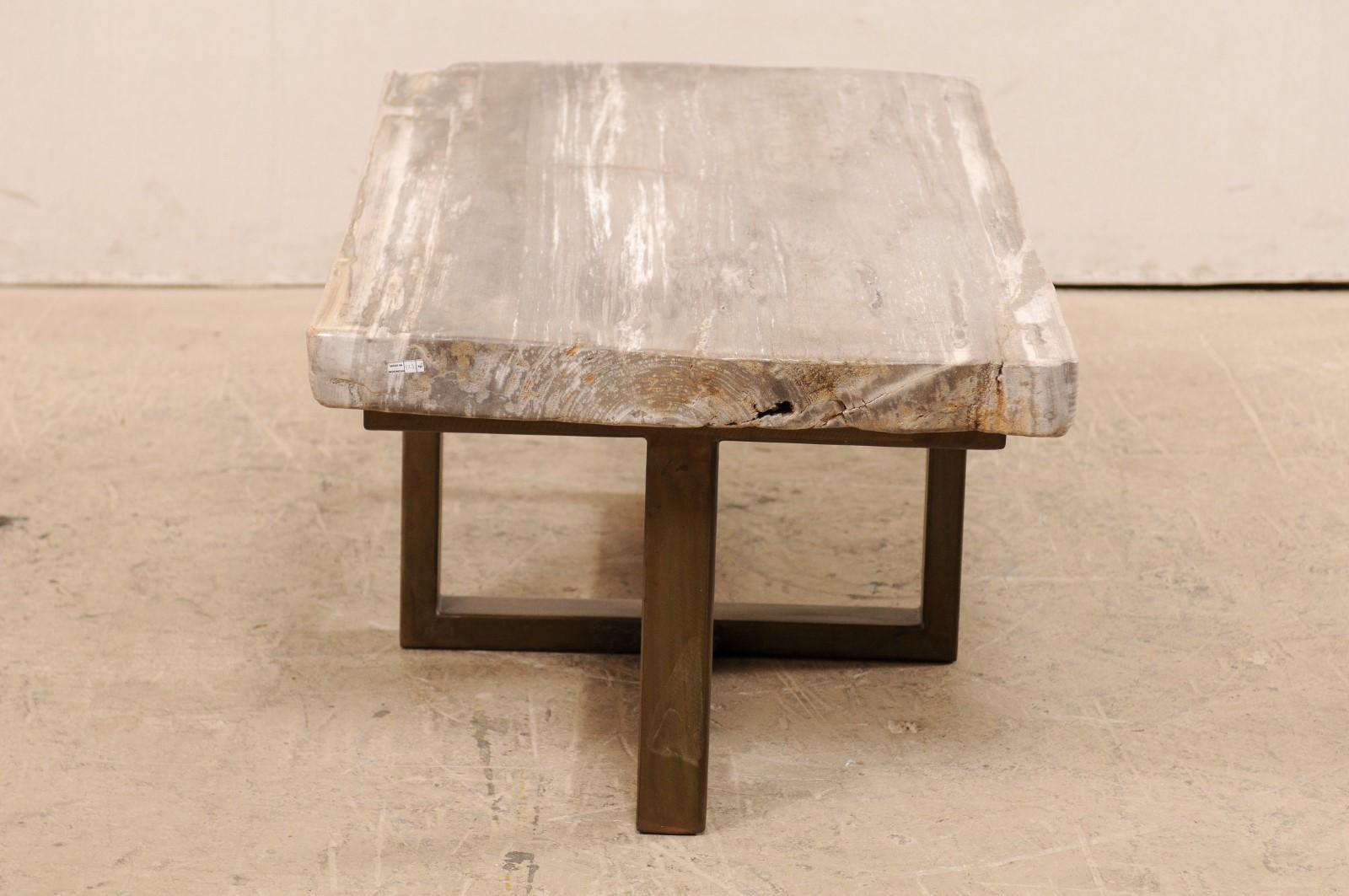 Petrified Wood Top Coffee Table with Modern-Style Metal Base In Good Condition For Sale In Atlanta, GA