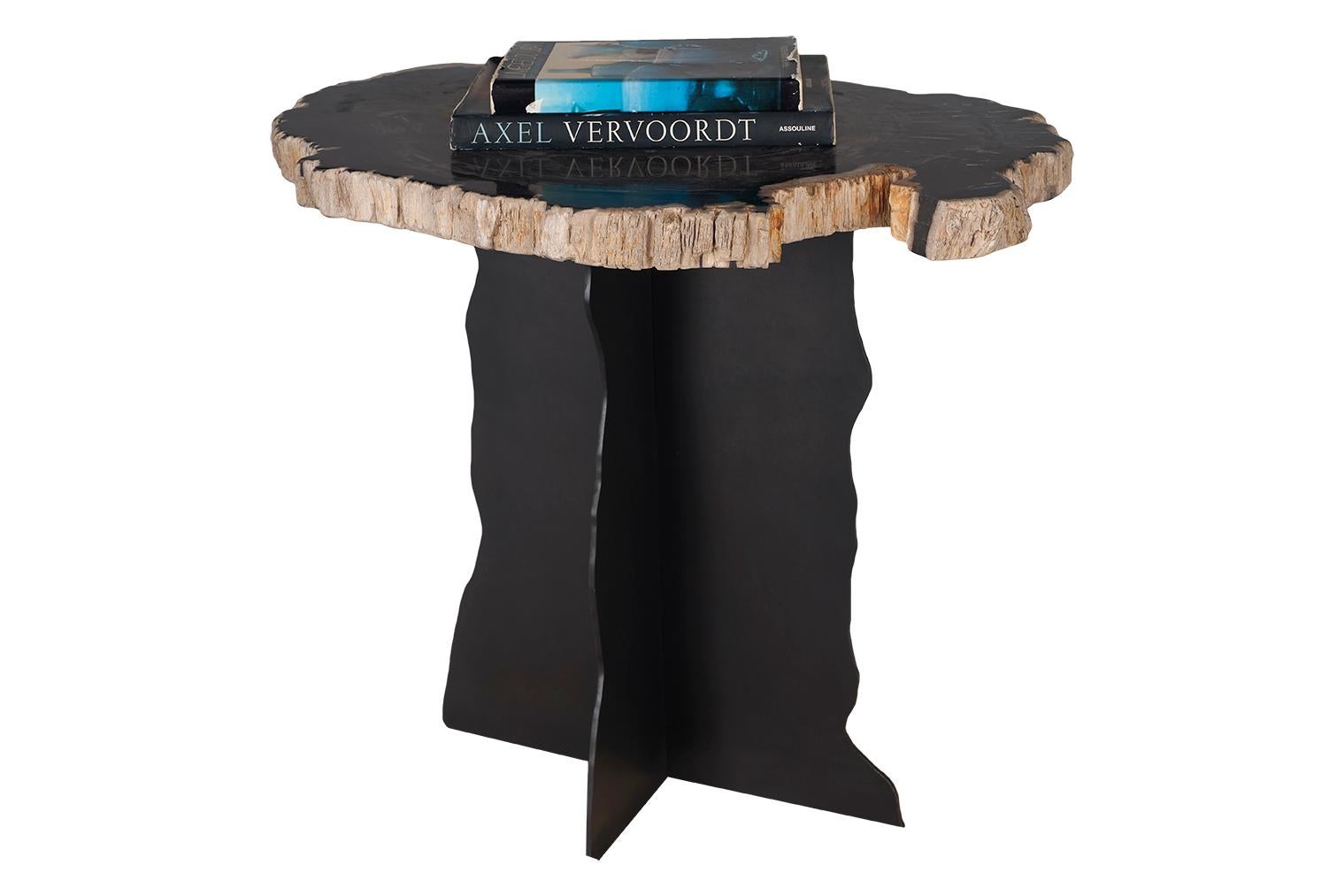 Organic Modern Petrified Wood Top on Free-Hand Ebonized Steel Base End Table For Sale