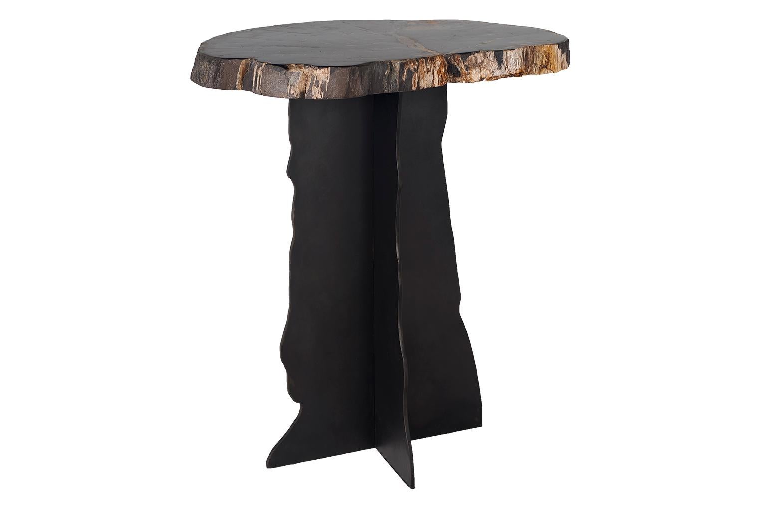 Organic Modern Petrified Wood Top on Free-Hand Ebonized Steel Base End Table For Sale