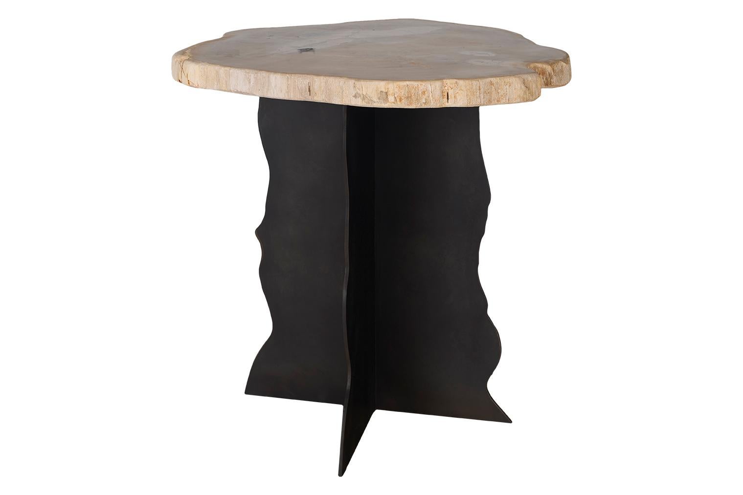 Petrified Wood Top on Free-Hand Ebonized Steel Base End Table For Sale 2