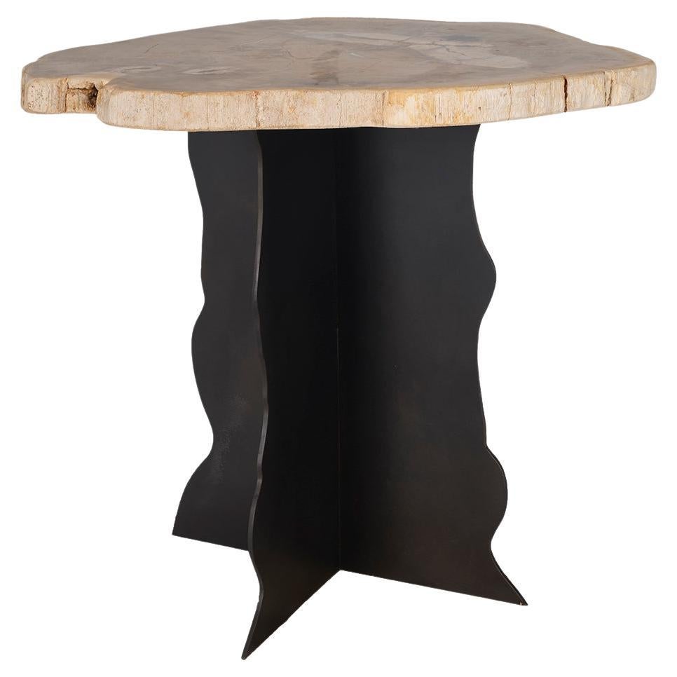 Petrified Wood Top on Free-Hand Ebonized Steel Base End Table