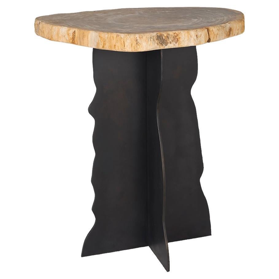 Petrified Wood Top on Free-Hand Ebonized Steel Base End Table
