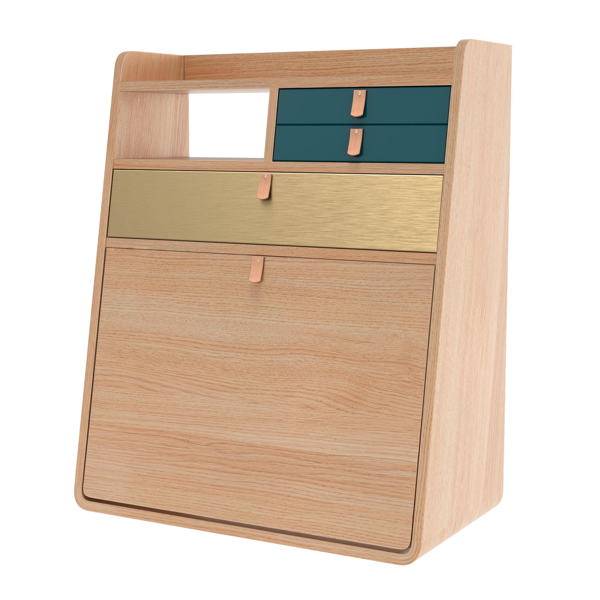 Petrol Blue Drawers Gaston Floating Writing Desk 60 cm Natural Oak by HARTO
Dimensions: W 60 x D 32 x H 72 cm. 
Materials: MDF wood veneer, Lacquered MDF, Leather.
Weight: 22.0 kg

Gaston has everything a big boy needs and yet it takes up so little
