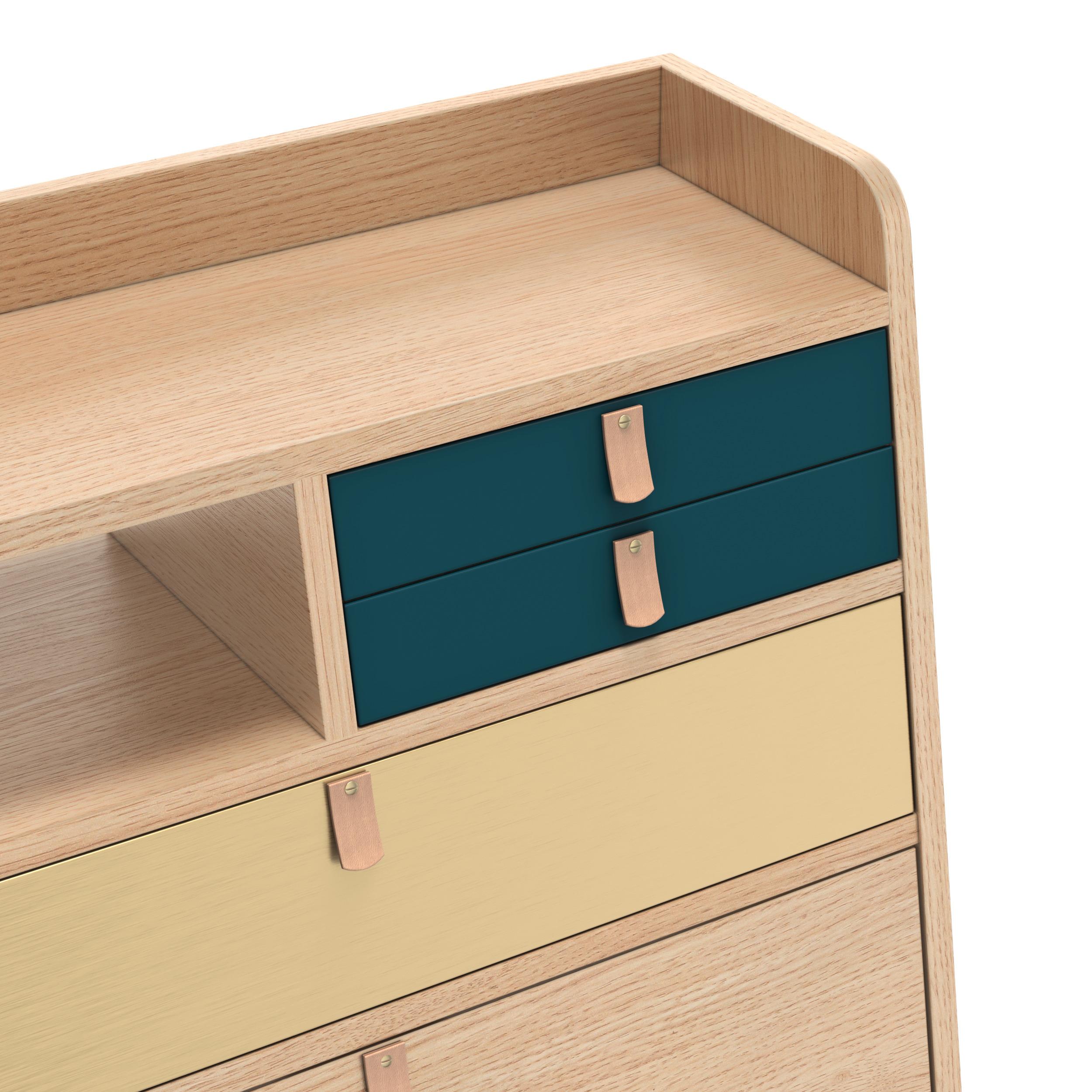 Post-Modern Petrol Blue Drawers Gaston Floating Writing Desk 60 cm Natural Oak by HARTO For Sale