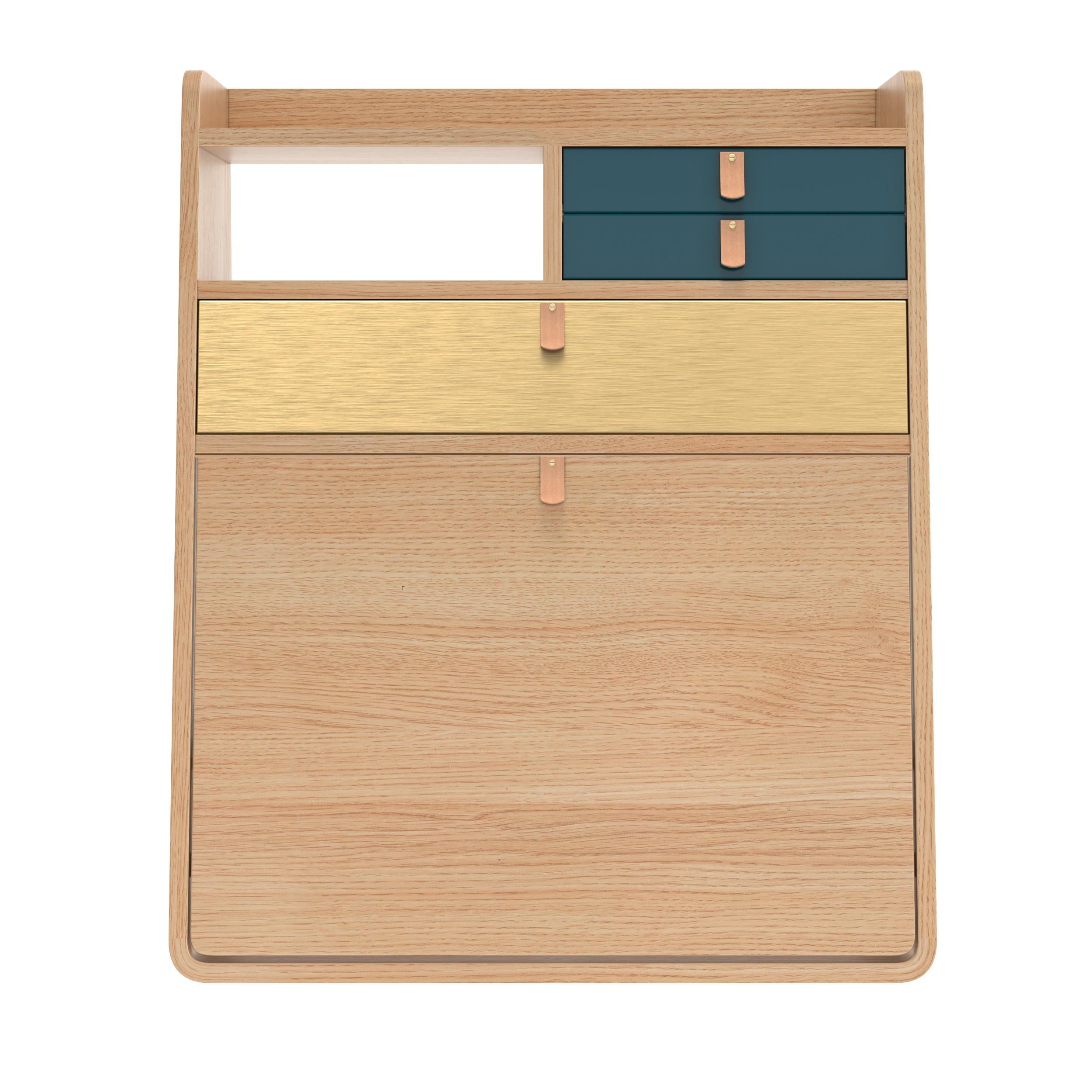 Portuguese Petrol Blue Drawers Gaston Floating Writing Desk 60 cm Natural Oak by HARTO For Sale