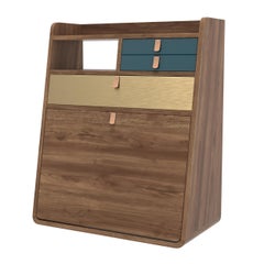 Petrol Blue Drawers Gaston Floating Writing Desk 60 cm Natural Walnut by HARTO