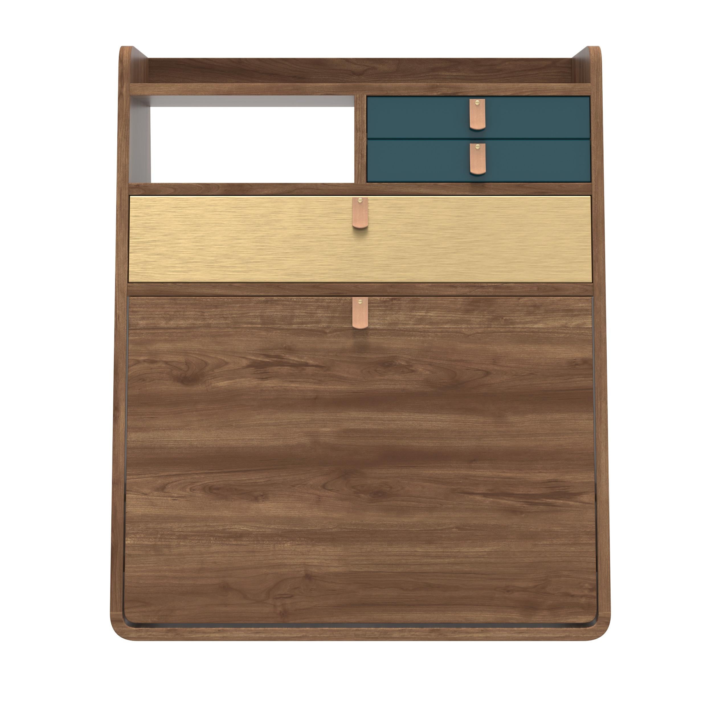 Postmoderno Cassetti blu petrolio Gaston Scrivania galleggiante 60 cm Nature Walnut di HARTO in vendita