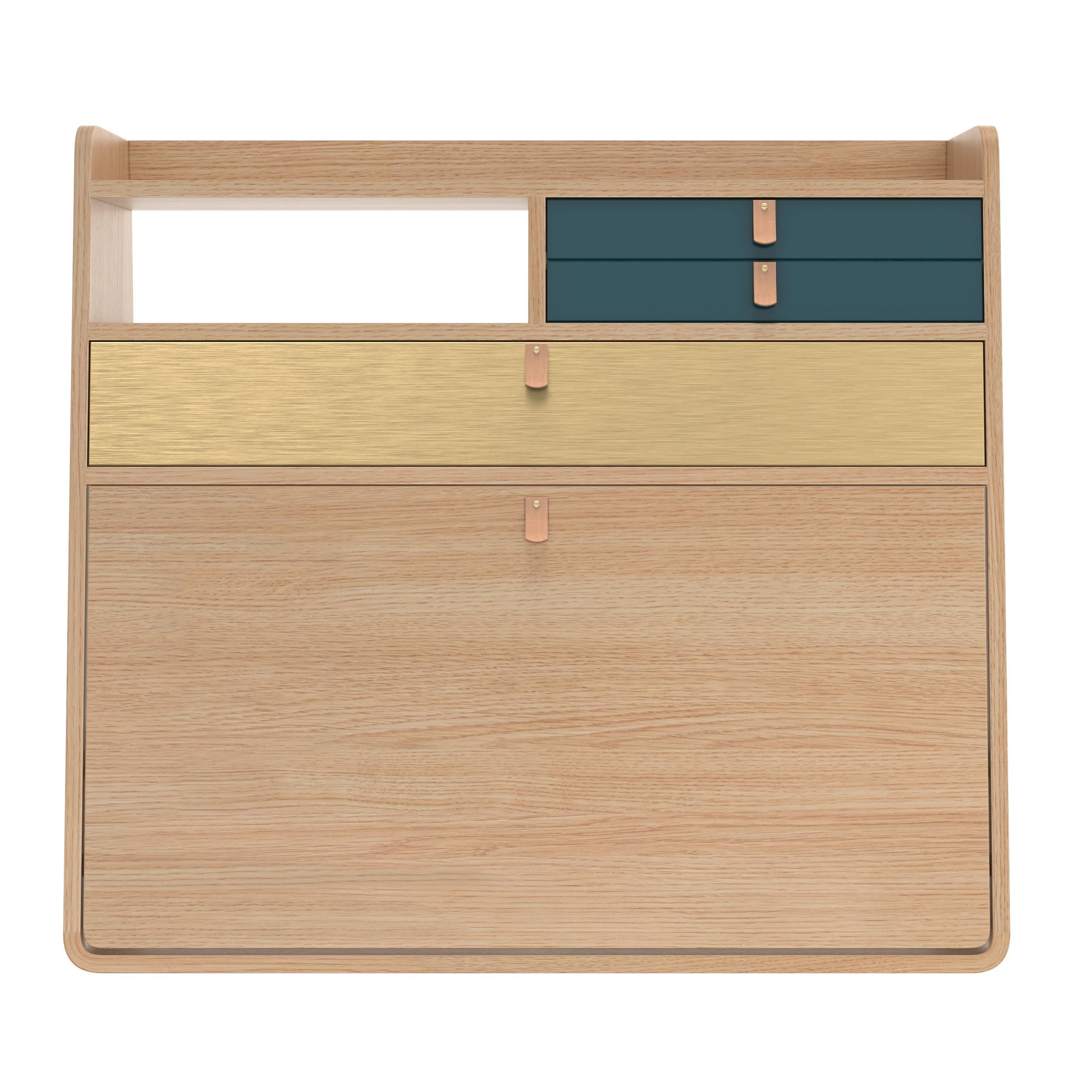 Petrol Blue Drawers Gaston Floating Writing Desk 80 cm Natural Oak by HARTO
Dimensions: W 80 x D 32 x H 72 cm. 
Materials: MDF wood veneer, Lacquered MDF, Leather.
Weight: 27.5 kg

Gaston has everything a big boy needs and yet it takes up so little