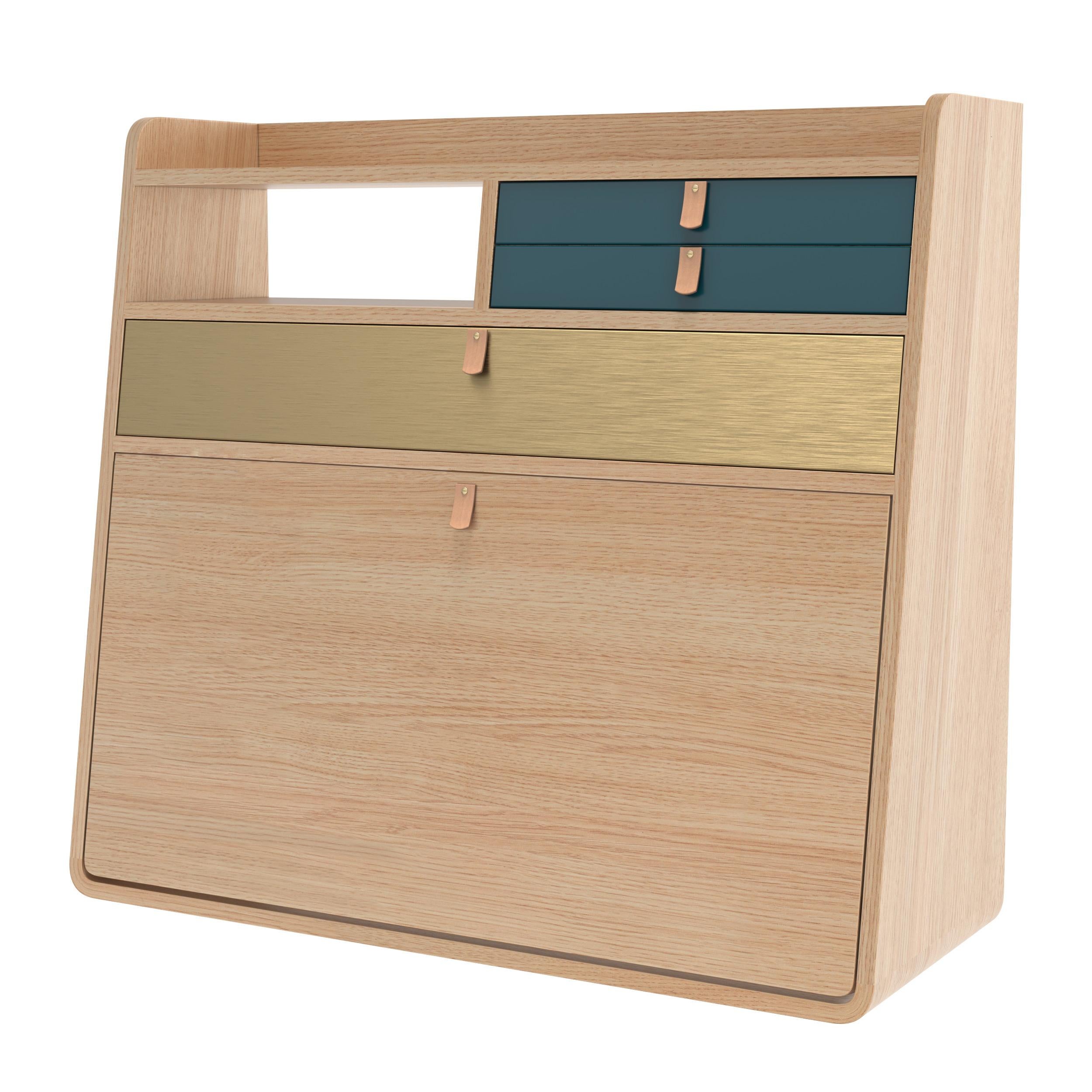 Post-Modern Petrol Blue Drawers Gaston Floating Writing Desk 80 cm Natural Oak by HARTO For Sale