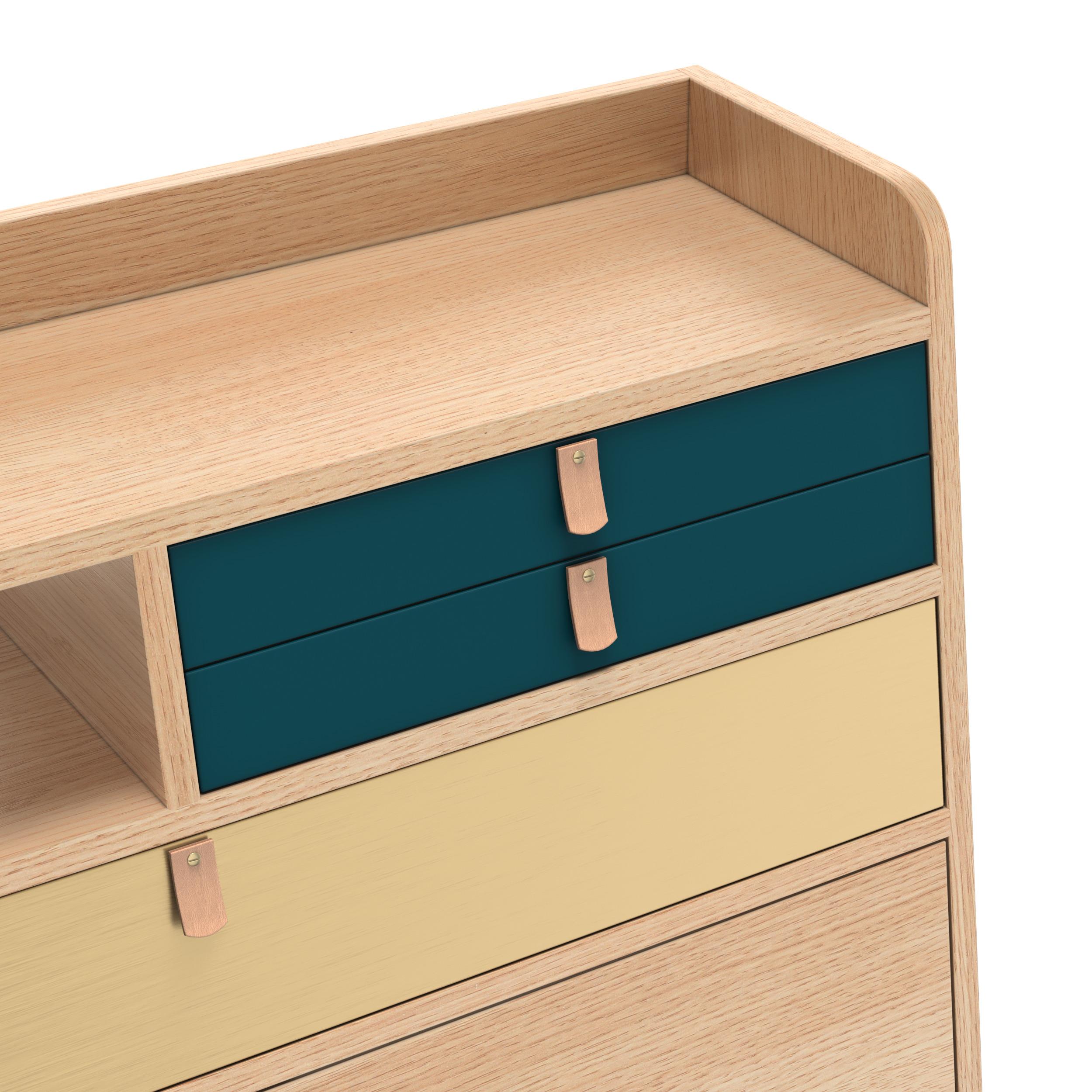 Portuguese Petrol Blue Drawers Gaston Floating Writing Desk 80 cm Natural Oak by HARTO For Sale