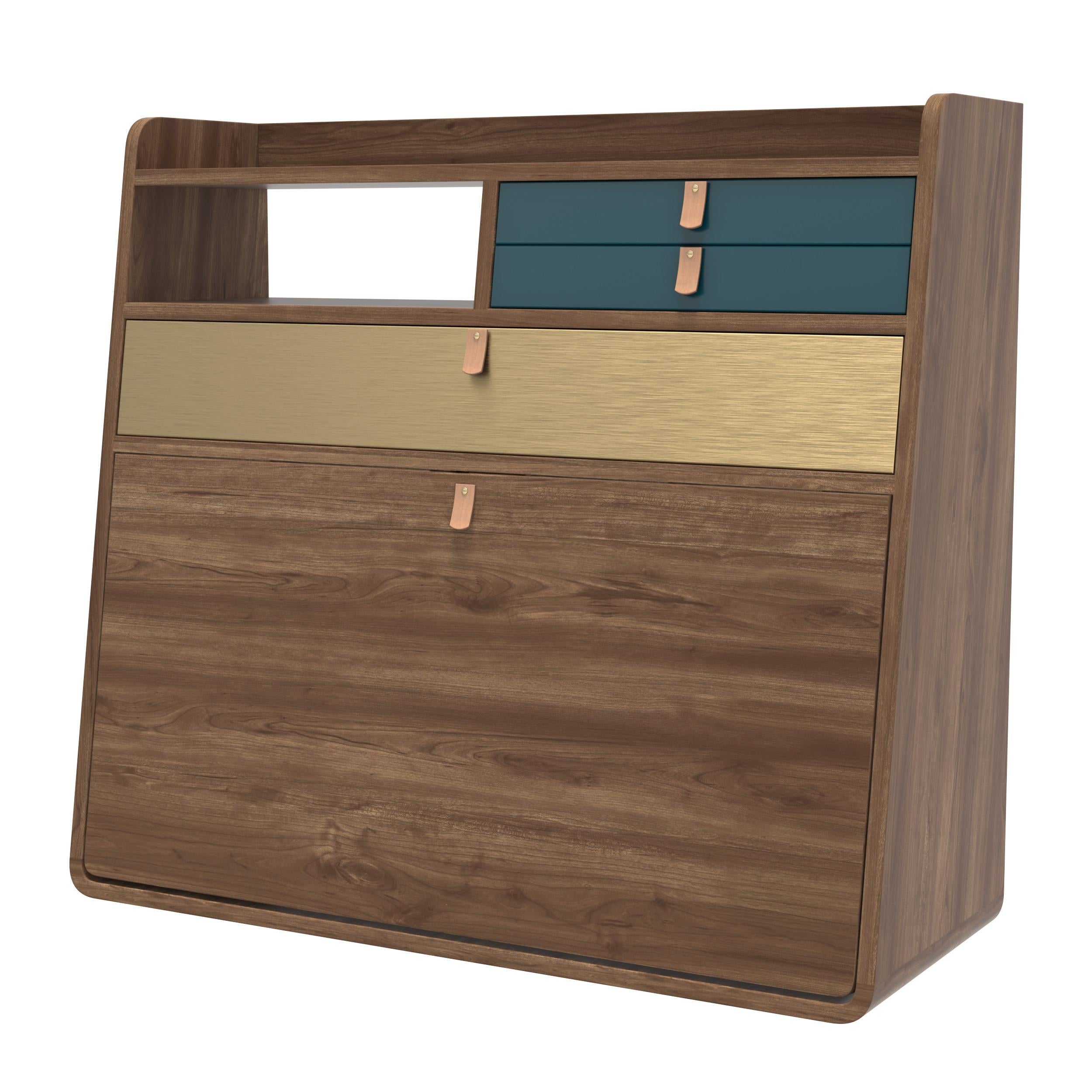 Postmoderno Cassetti blu petrolio Gaston Scrivania fluttuante 80 cm Nature Walnut di HARTO in vendita