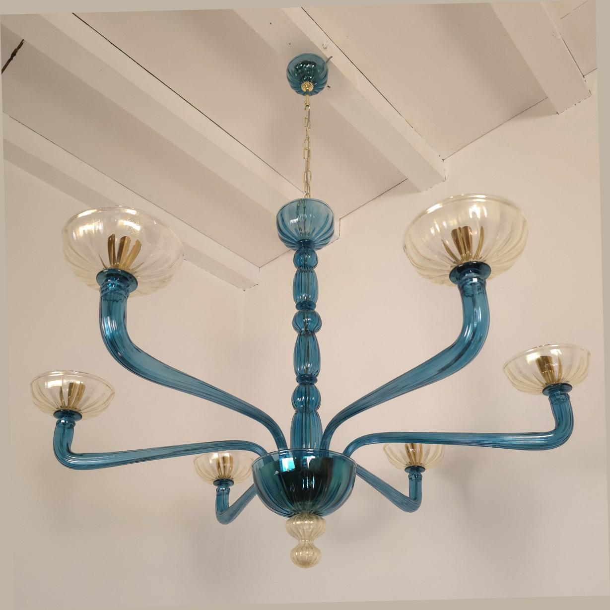 Mid-Century Modern Petrol blue Murano glass chandelier For Sale