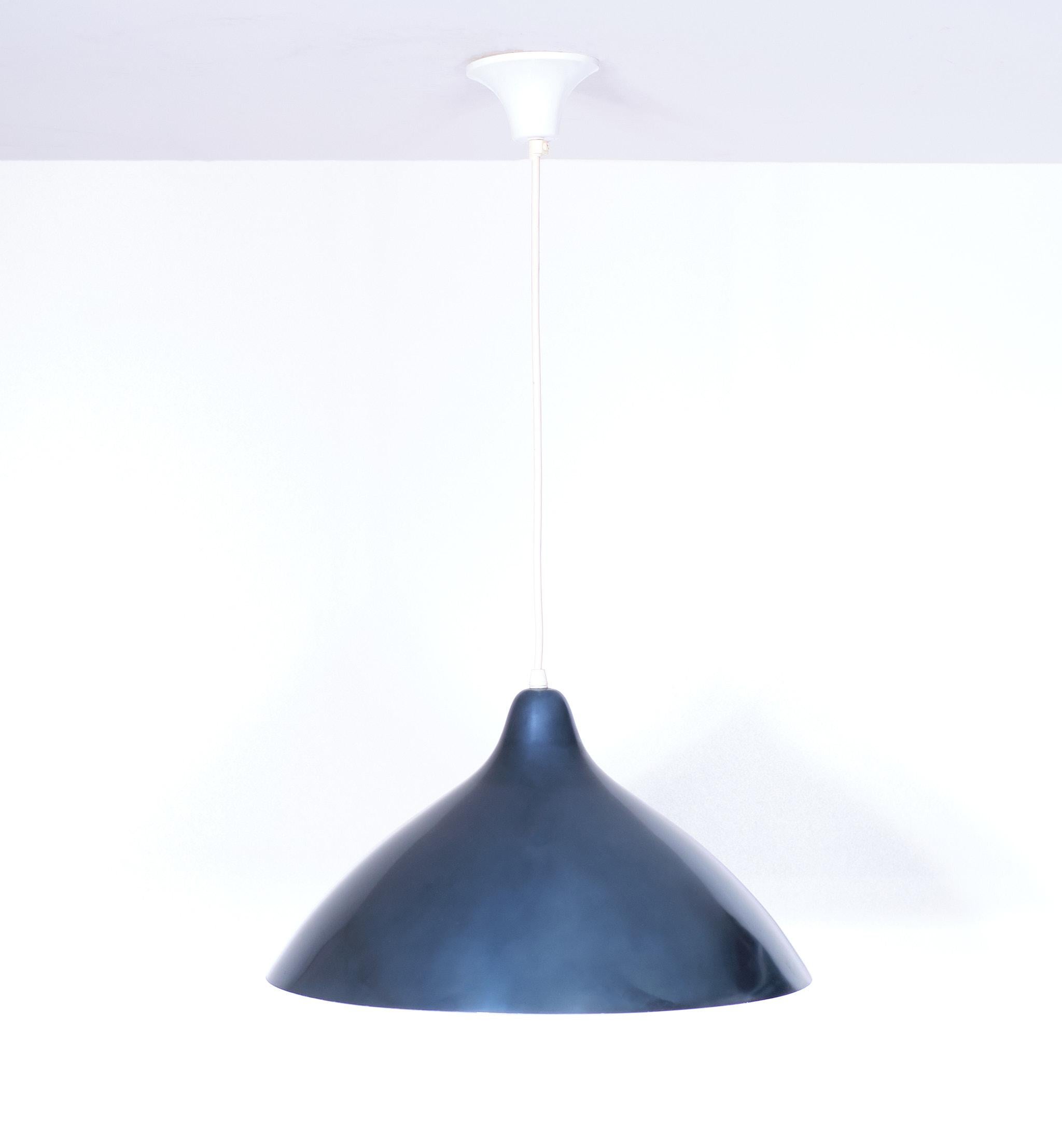 Very nice Petrol Blue  Pendant lamp . Design by Lisa Johansson-Pape Finland for Orno
good condition .normal wear and tear .One E27 bulb needed . 

Height 75 cm Diameter 45 cm