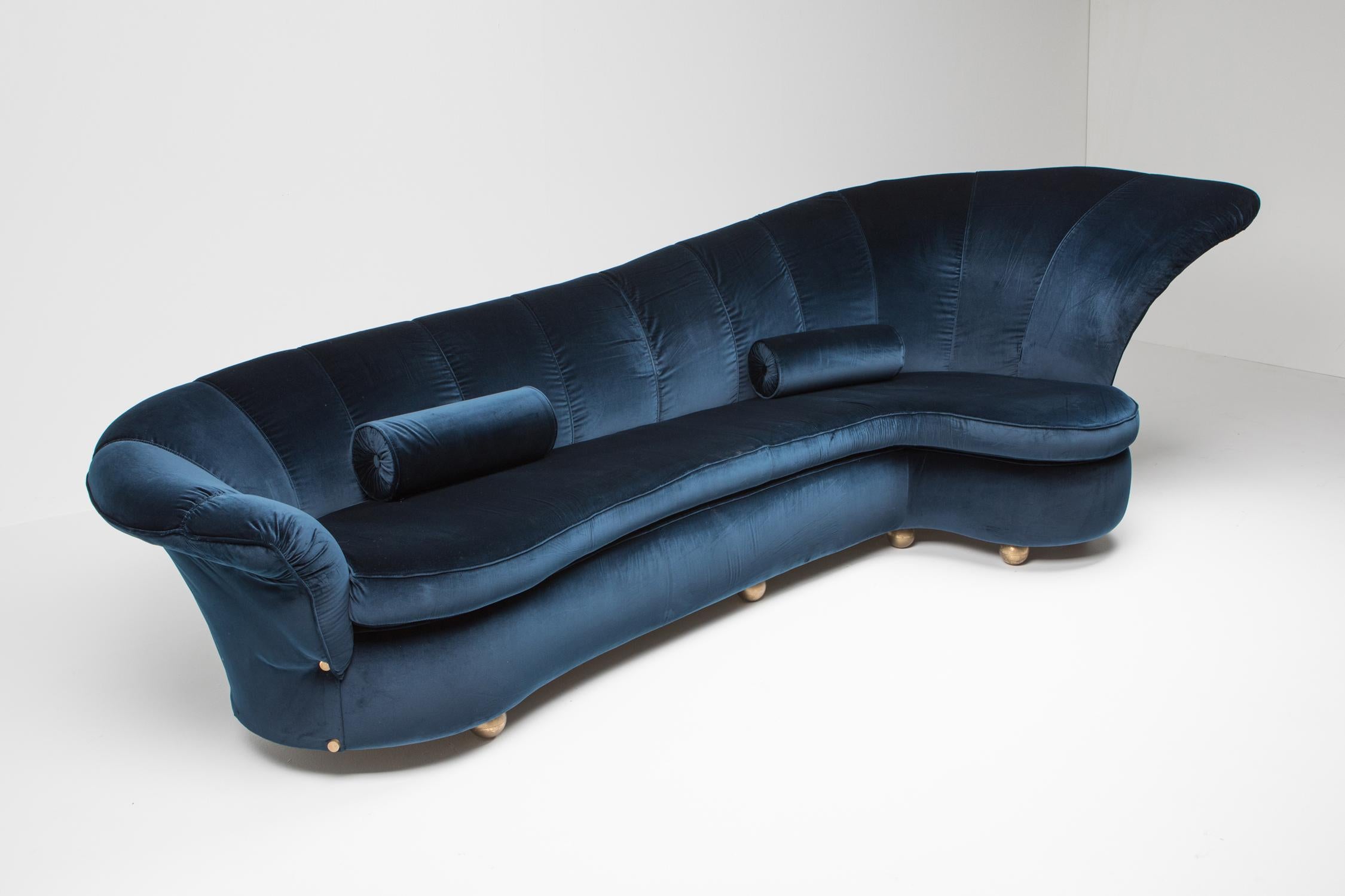 Baroque Petrol Blue Velvet Sofa attributed to Marzio Cecchi, circa 1970's, Italy