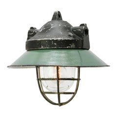 Petrol Enamel Vintage Industrial Cast Aluminum Holophane Glass Pendant Light