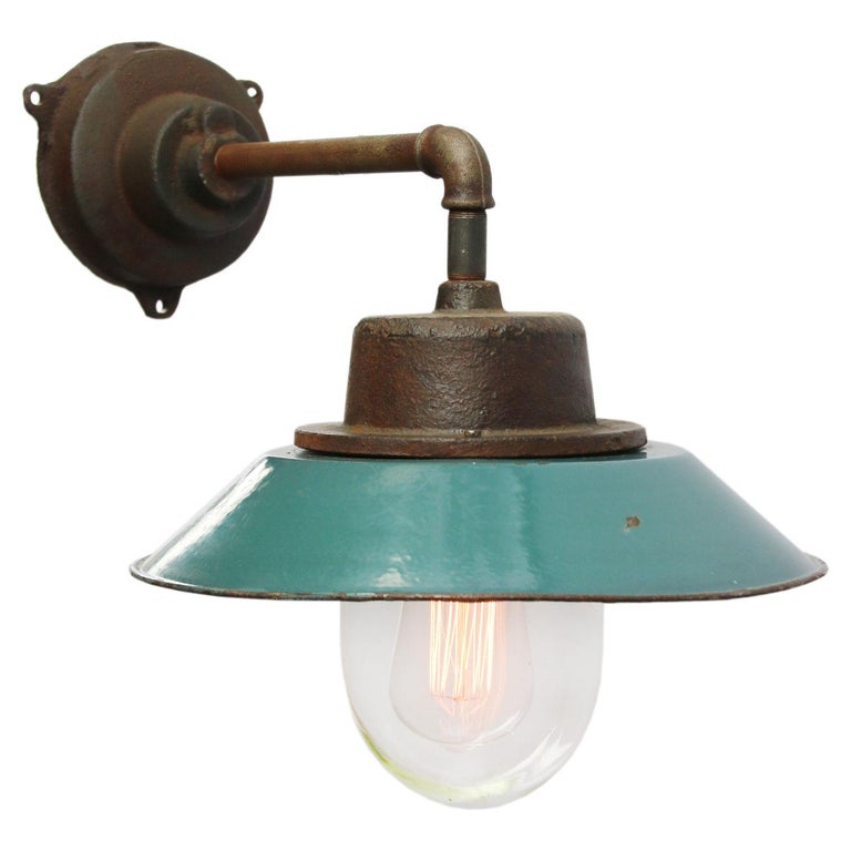 Petrol Enamel Vintage Industrial Cast Iron Arm Clear Glass Wall Lamp at