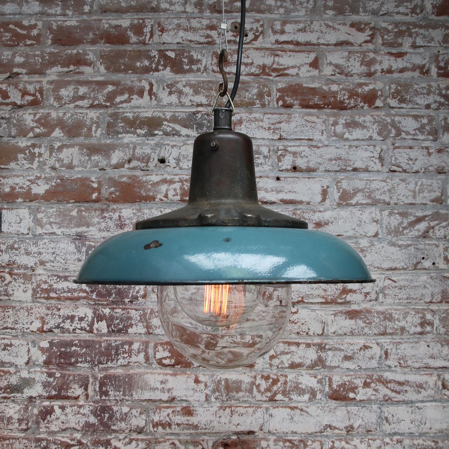 Petrol Enamel Vintage Industrial Cast Iron Clear Glass Pendant Lamp In Good Condition In Amsterdam, NL