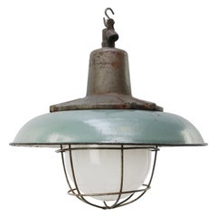 Petrol Enamel Vintage Industrial Cast Iron Frosted Glass Pendant Lamp