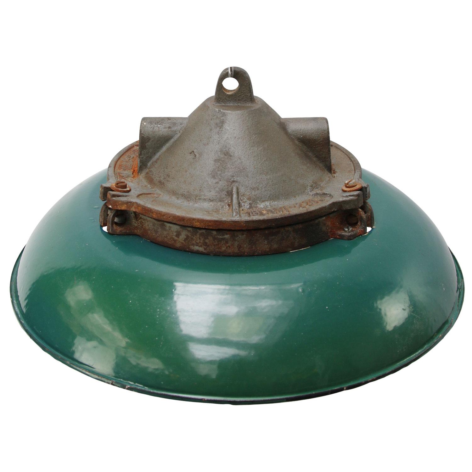 Factory pendant, petrol enamel white interior,
cast iron top, Holophane glass

Weight 6.0 kg / 13.2 lb

Priced per individual item. All lamps have been made suitable by international standards for incandescent light bulbs, energy-efficient and