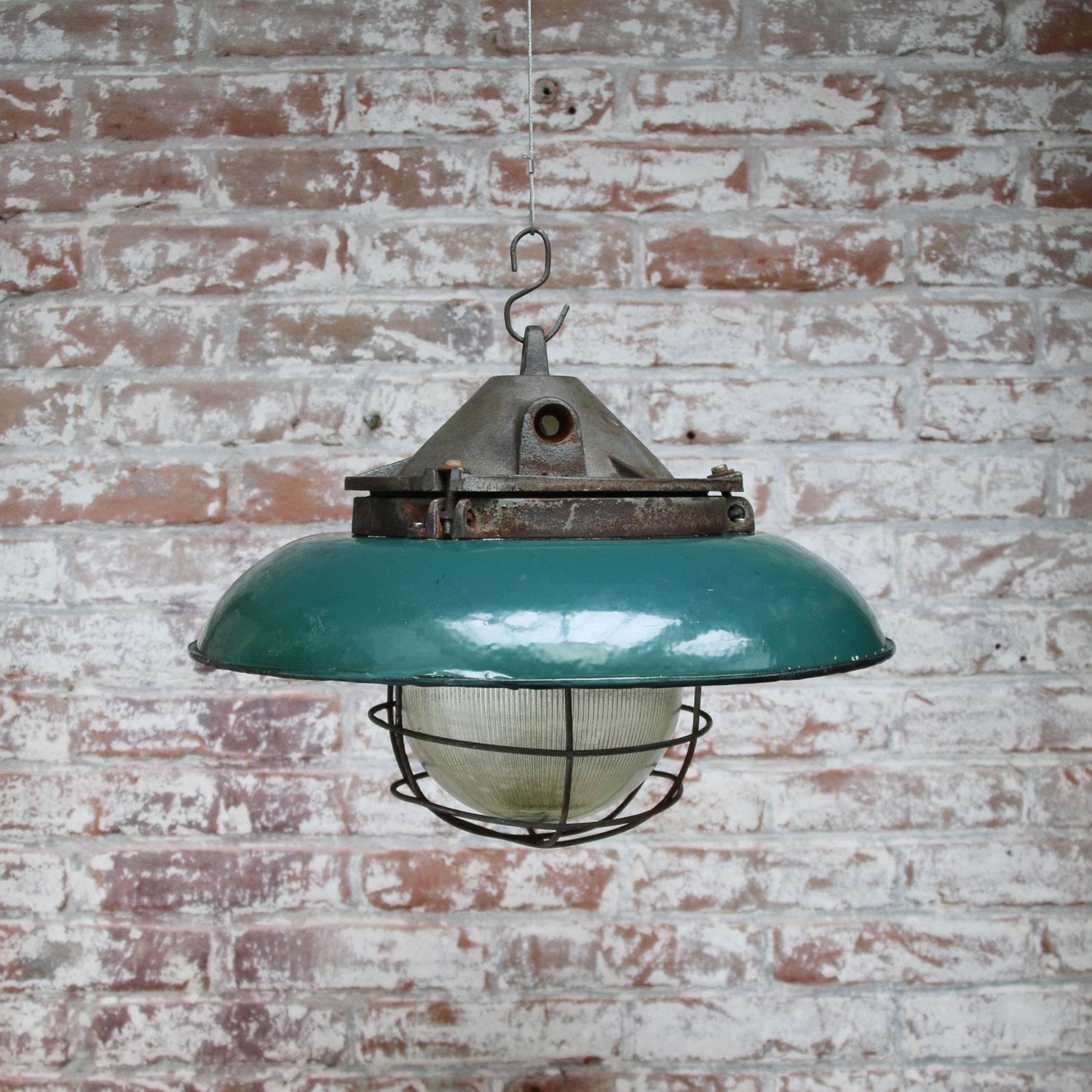 Petrol Enamel Vintage Industrial Cast Iron Holophane Glass Factory Pendants In Good Condition In Amsterdam, NL