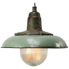 Petrol Enamel Vintage Industrial Cast Iron Holophane Glass Pendant Lamp