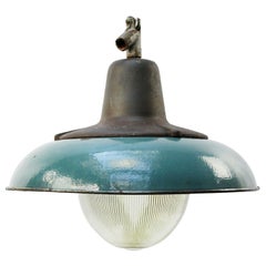 Petrol Enamel Vintage Industrial Cast Iron Holophane Glass Pendant Lamp