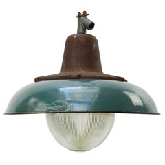 Petrol Enamel Vintage Industrial Cast Iron Holophane Glass Pendant Lamp