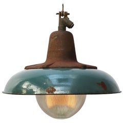 Petrol Enamel Vintage Industrial Cast Iron Holophane Glass Pendant Lamp