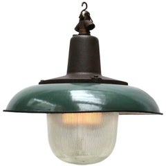 Petrol Enamel Vintage Industrial Cast Iron Holophane Glass Pendant Light